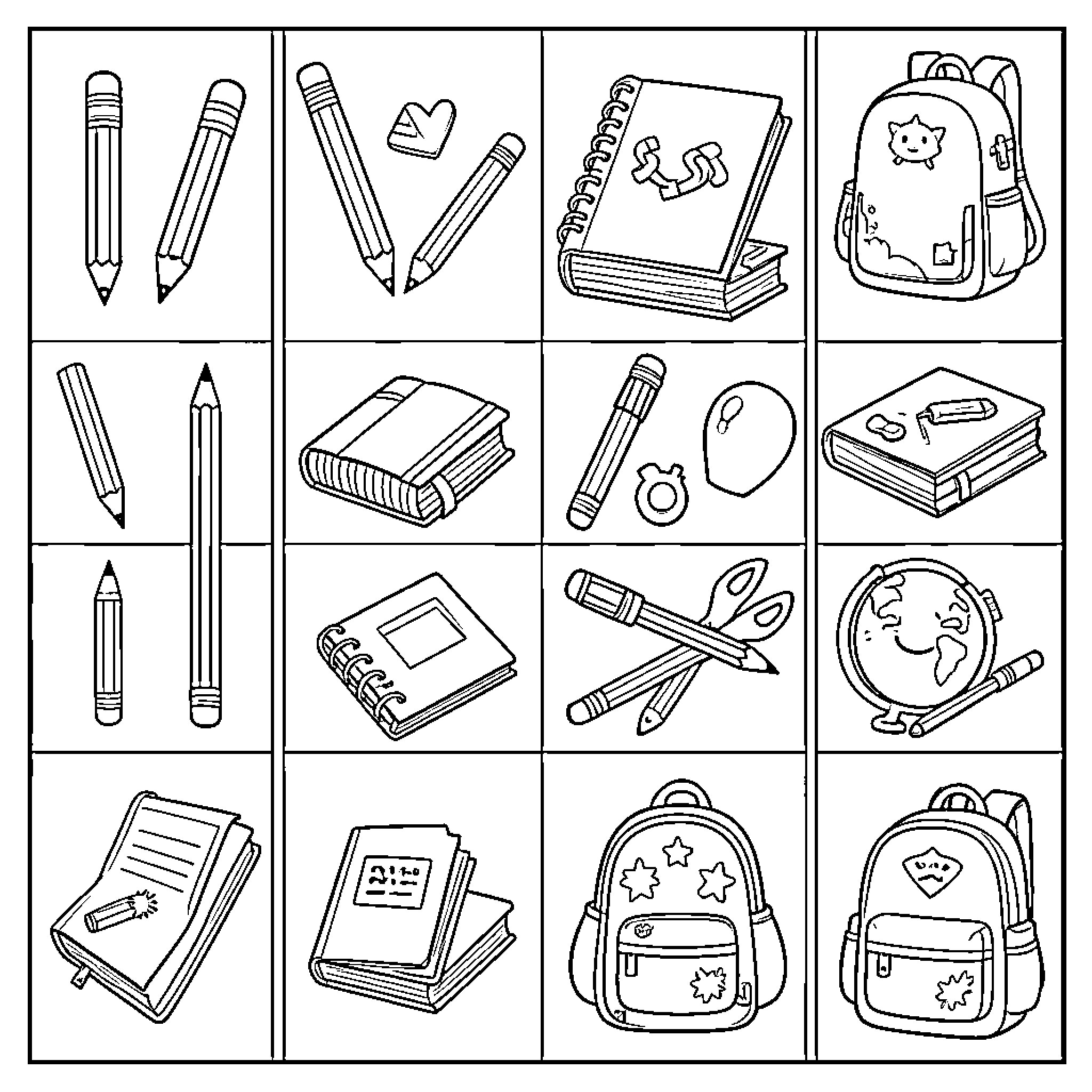 School Object Collection with Various Supplies and Accessories Coloring Page (free black-and-white line drawing printable PDF for all, from beginners to advanced learners, including children, teens, adults, and seniors)