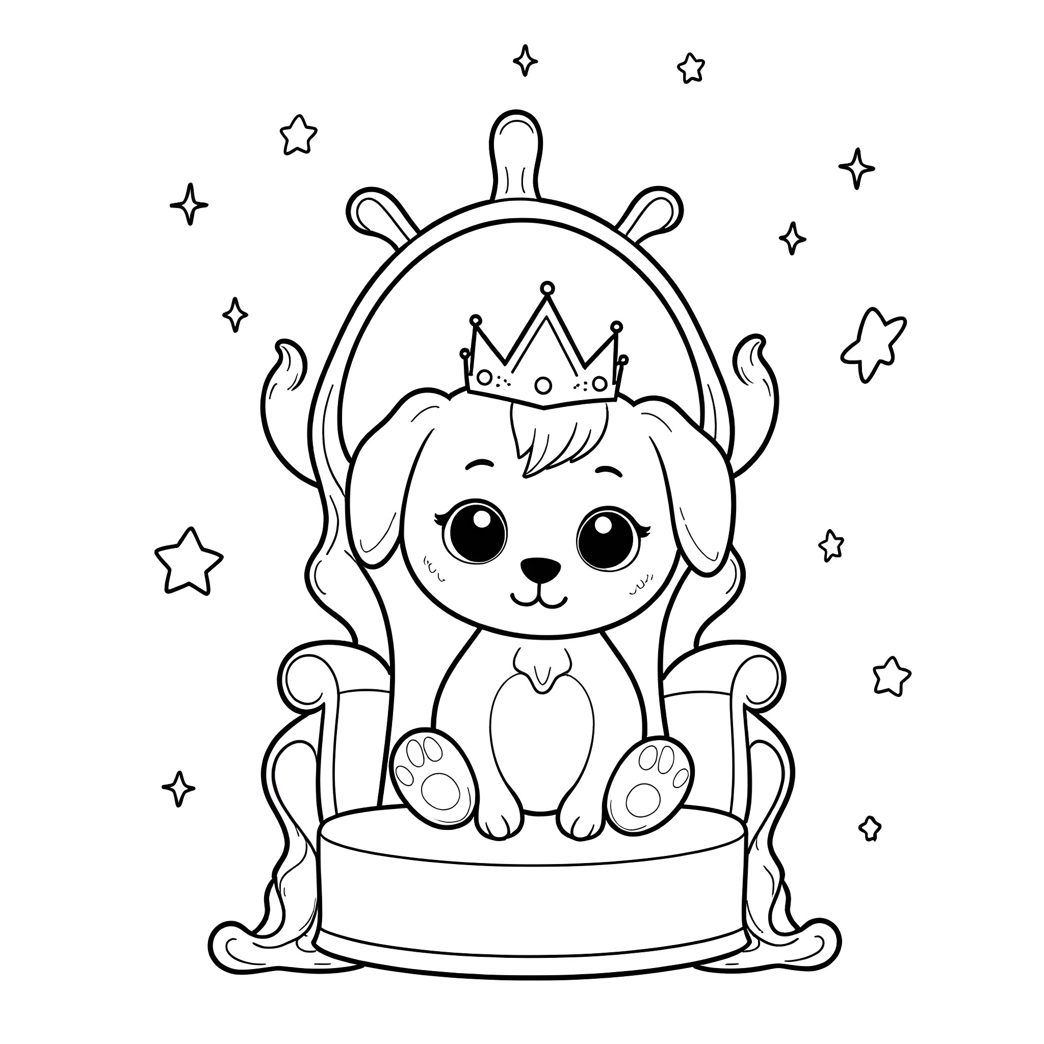 Puppy on a throne with a crown Coloring Page (free black-and-white line drawing printable PDF for all, from beginners to advanced learners, including children, teens, adults, and seniors)