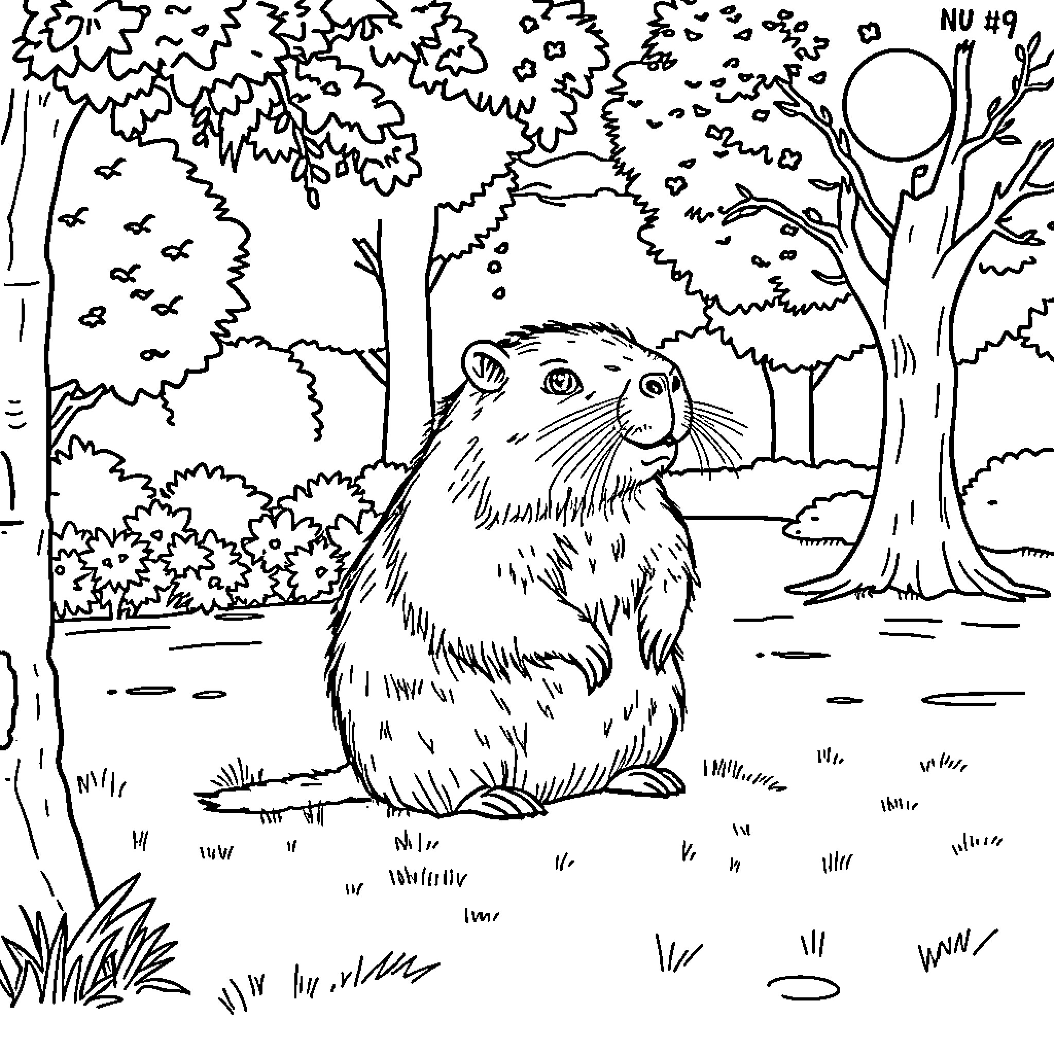 Capybara enjoying nature in the forest Coloring Page (free black-and-white line drawing printable PDF for all, from beginners to advanced learners, including children, teens, adults, and seniors)