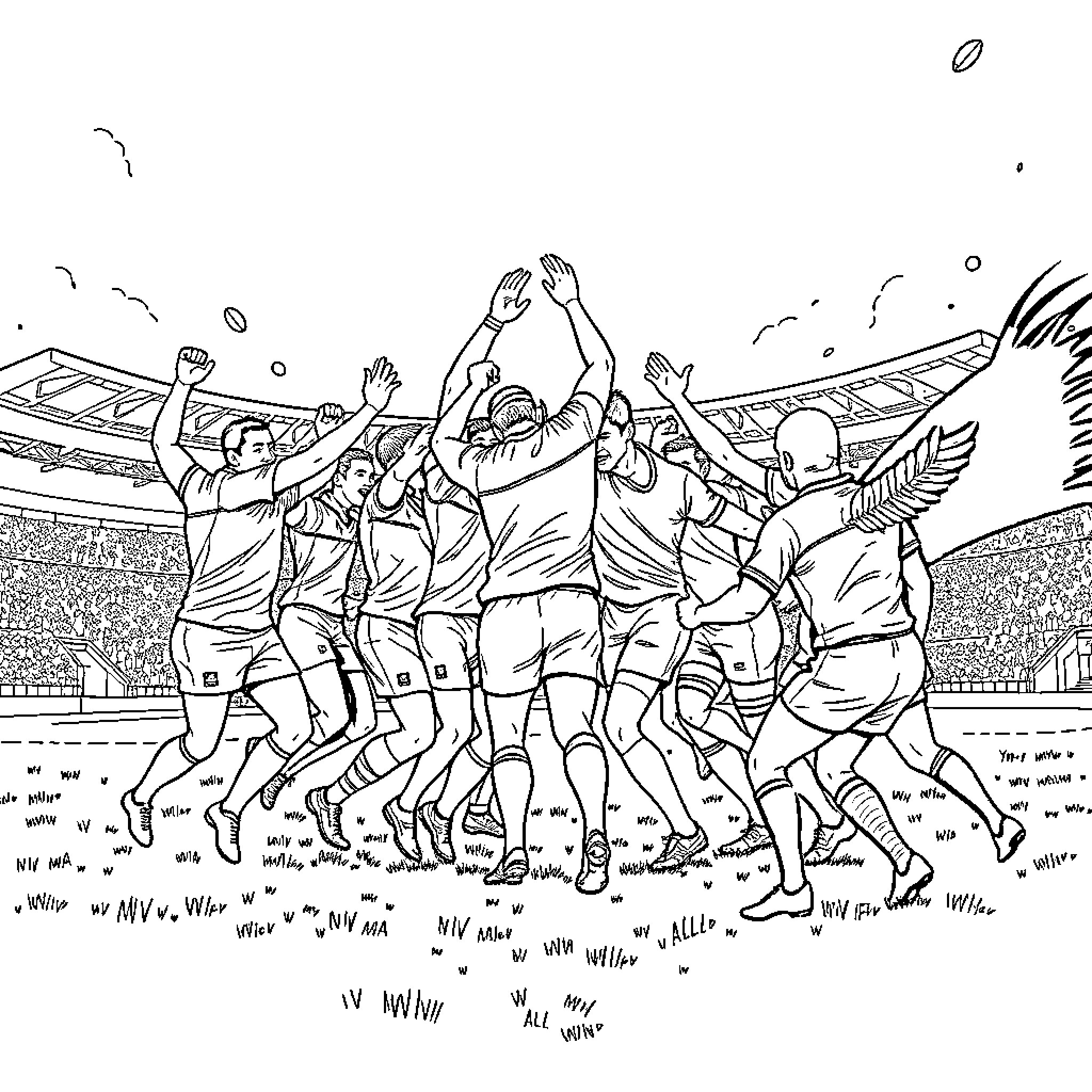 Rugby players engaged in intense match on field Coloring Page (free black-and-white line drawing printable PDF for all, from beginners to advanced learners, including children, teens, adults, and seniors)