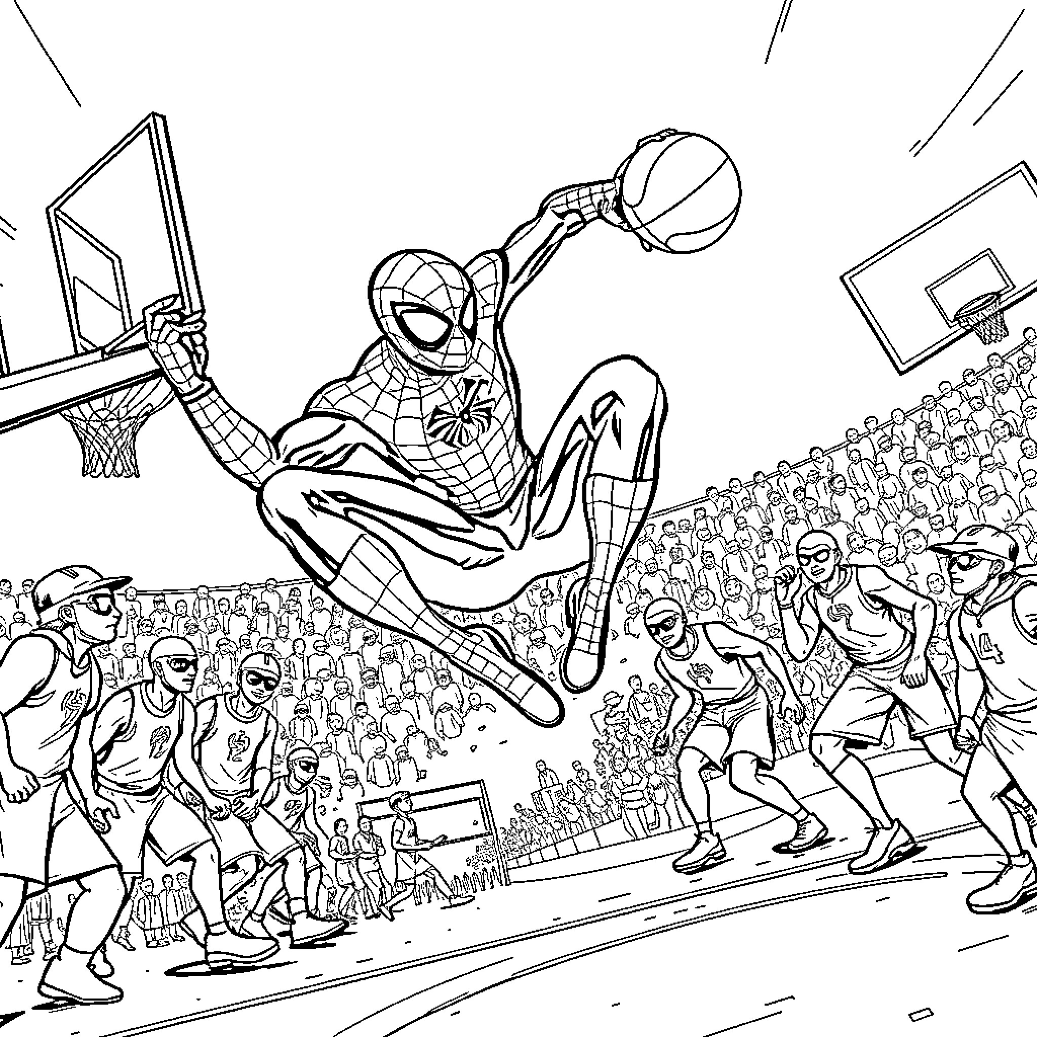 Spiderman's basketball acrobatic dunk on the court Coloring Page (free black-and-white line drawing printable PDF for all, from beginners to advanced learners, including children, teens, adults, and seniors)