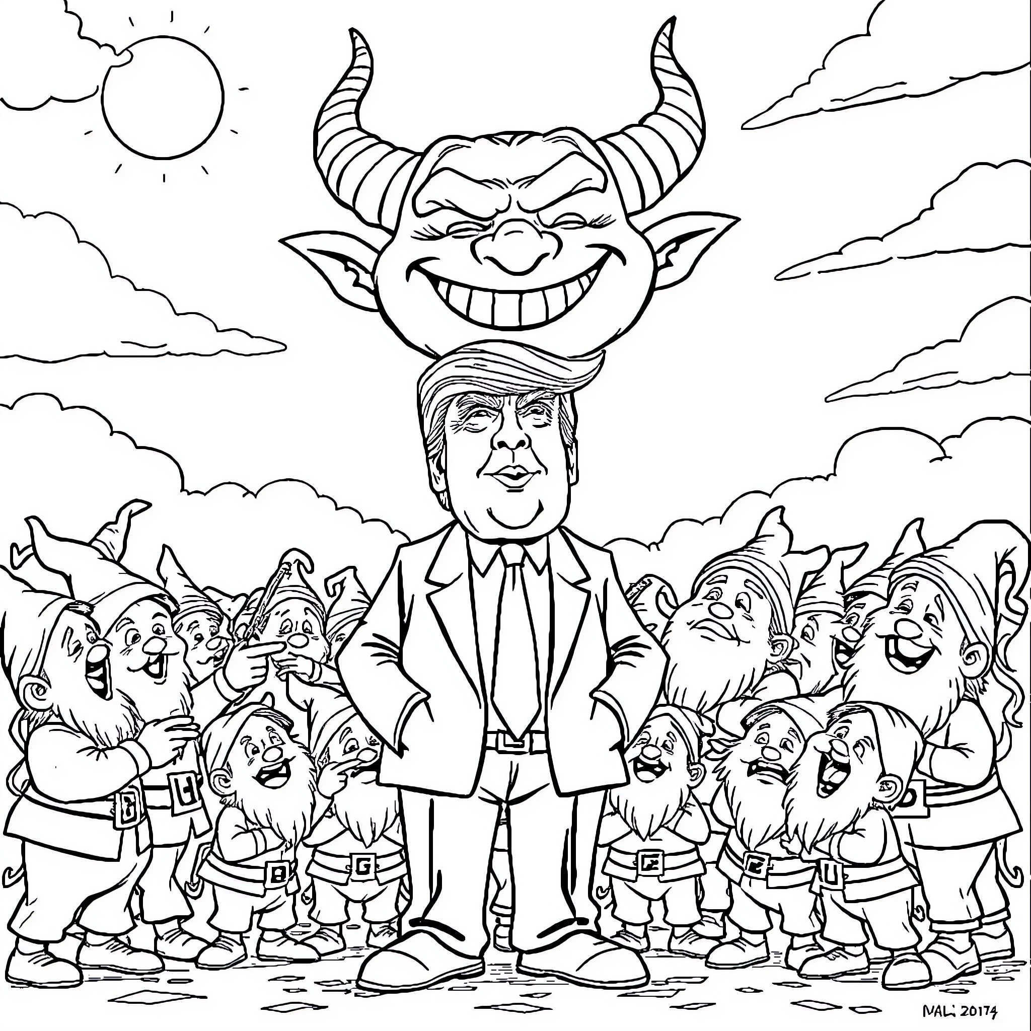 Donald Trump surrounded by mischievous elves Coloring Page (free black-and-white line drawing printable PDF for all, from beginners to advanced learners, including children, teens, adults, and seniors)
