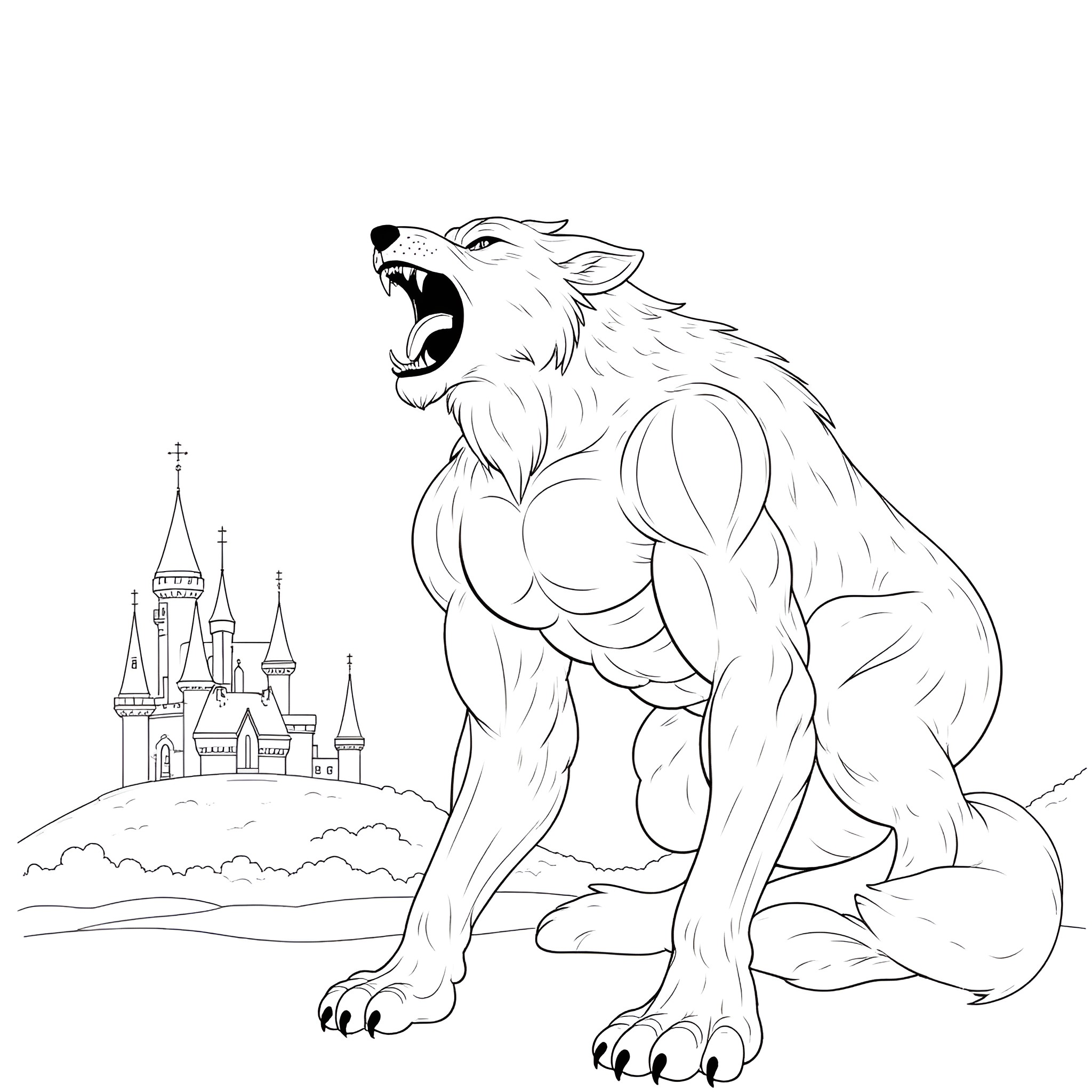 Wolf roaring fiercely near a medieval castle Coloring Page (free black-and-white line drawing printable PDF for all, from beginners to advanced learners, including children, teens, adults, and seniors)