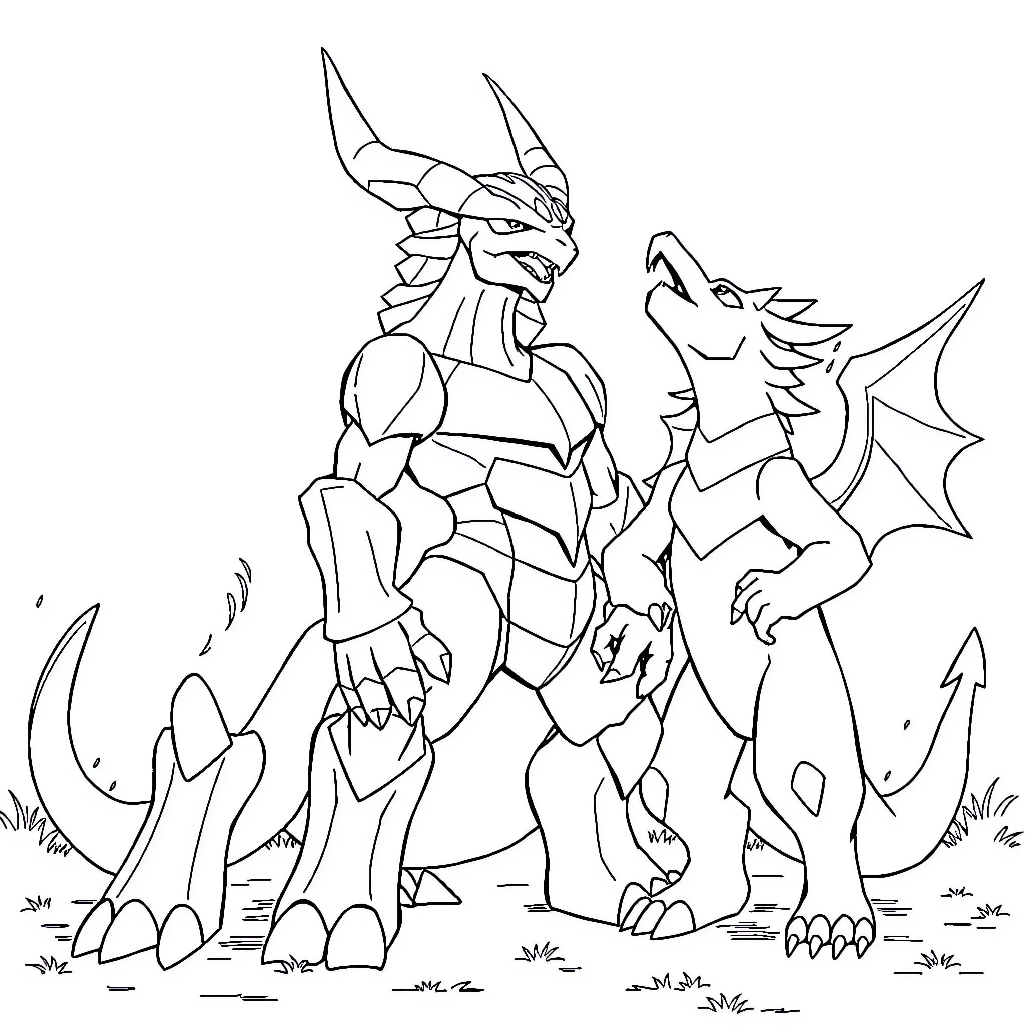 Agumon and Digimon companions in action Coloring Page (free black-and-white line drawing printable PDF for all, from beginners to advanced learners, including children, teens, adults, and seniors)
