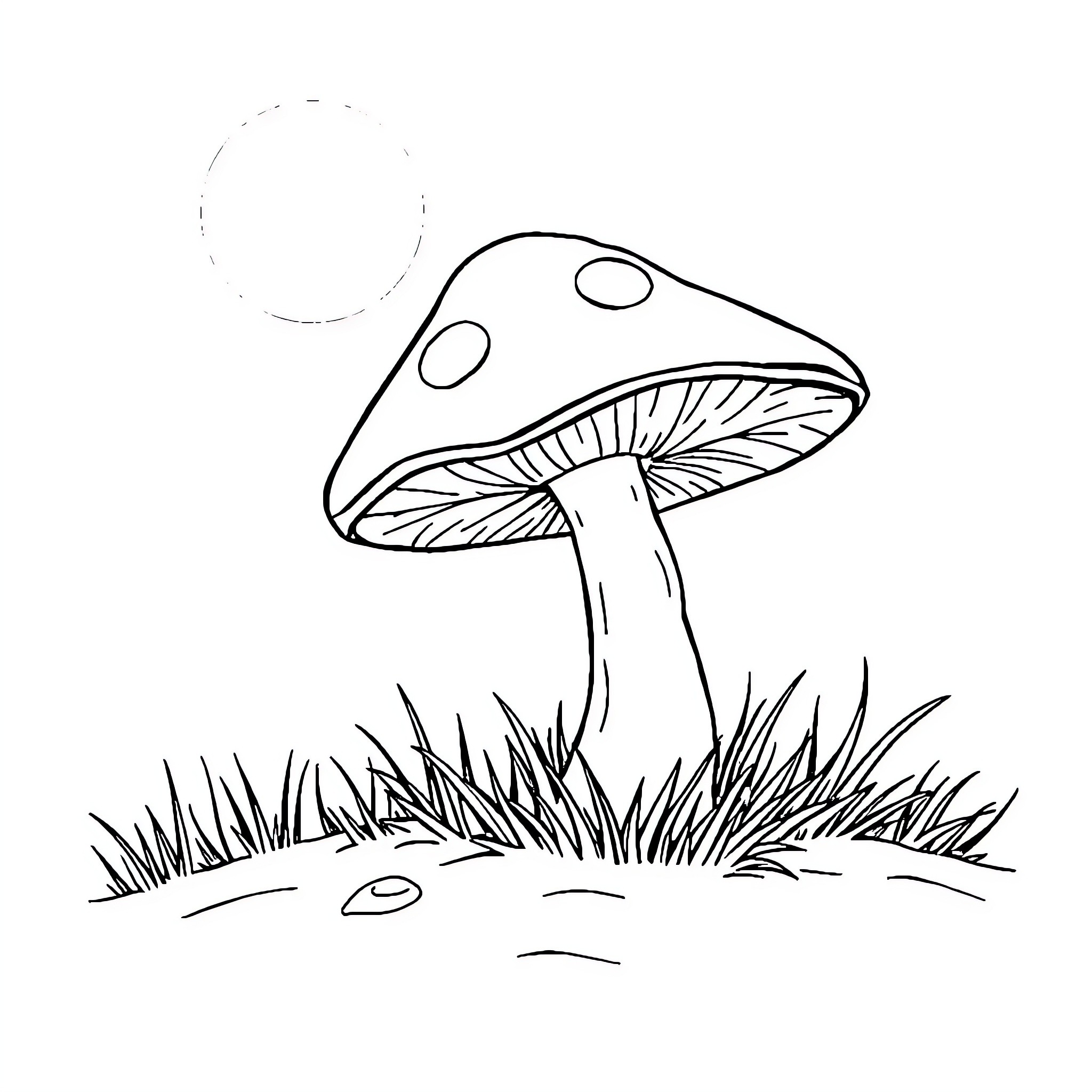 Mushroom growing in the grass Coloring Page (free black-and-white line drawing printable PDF for all, from beginners to advanced learners, including children, teens, adults, and seniors)