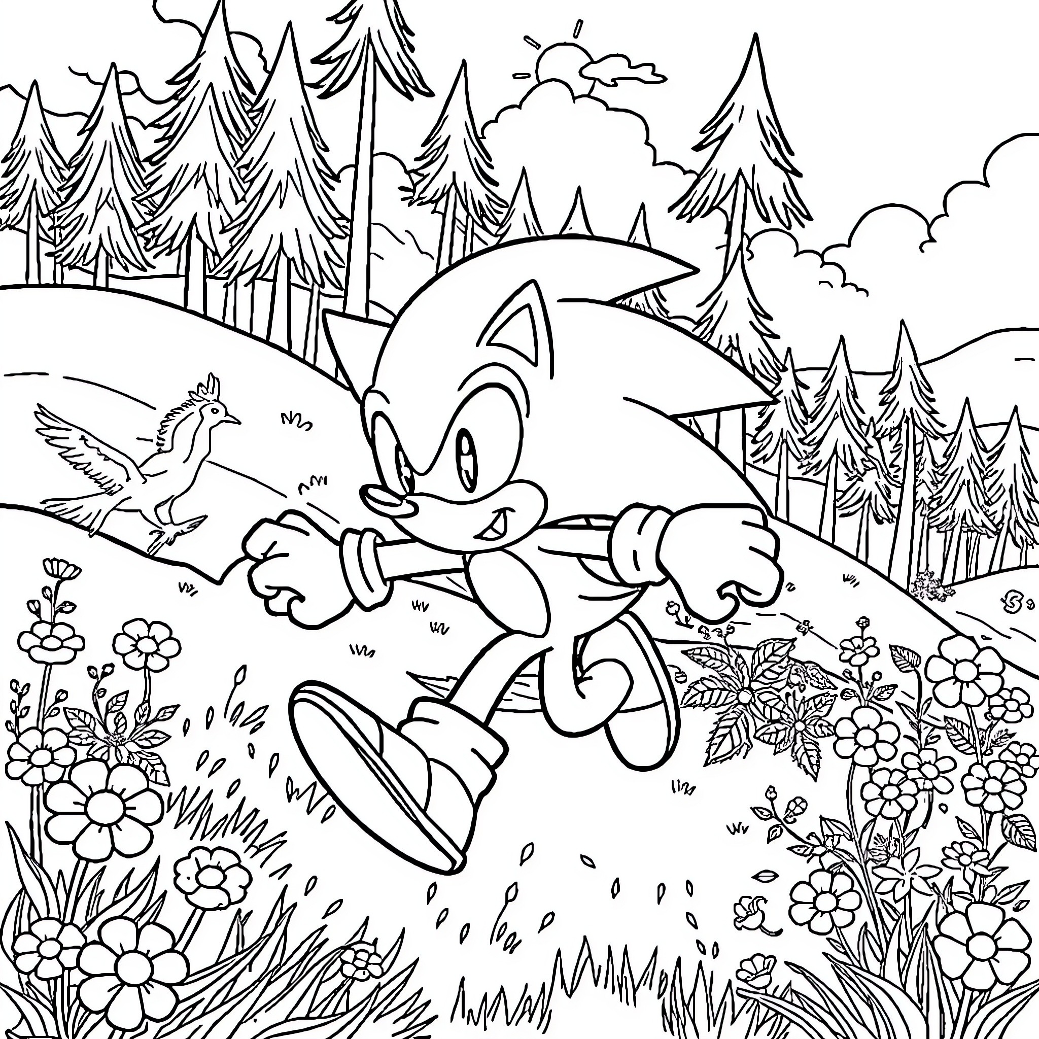 Sonic's Adventure in the Enchanted Forest Coloring Page (free black-and-white line drawing printable PDF for all, from beginners to advanced learners, including children, teens, adults, and seniors)
