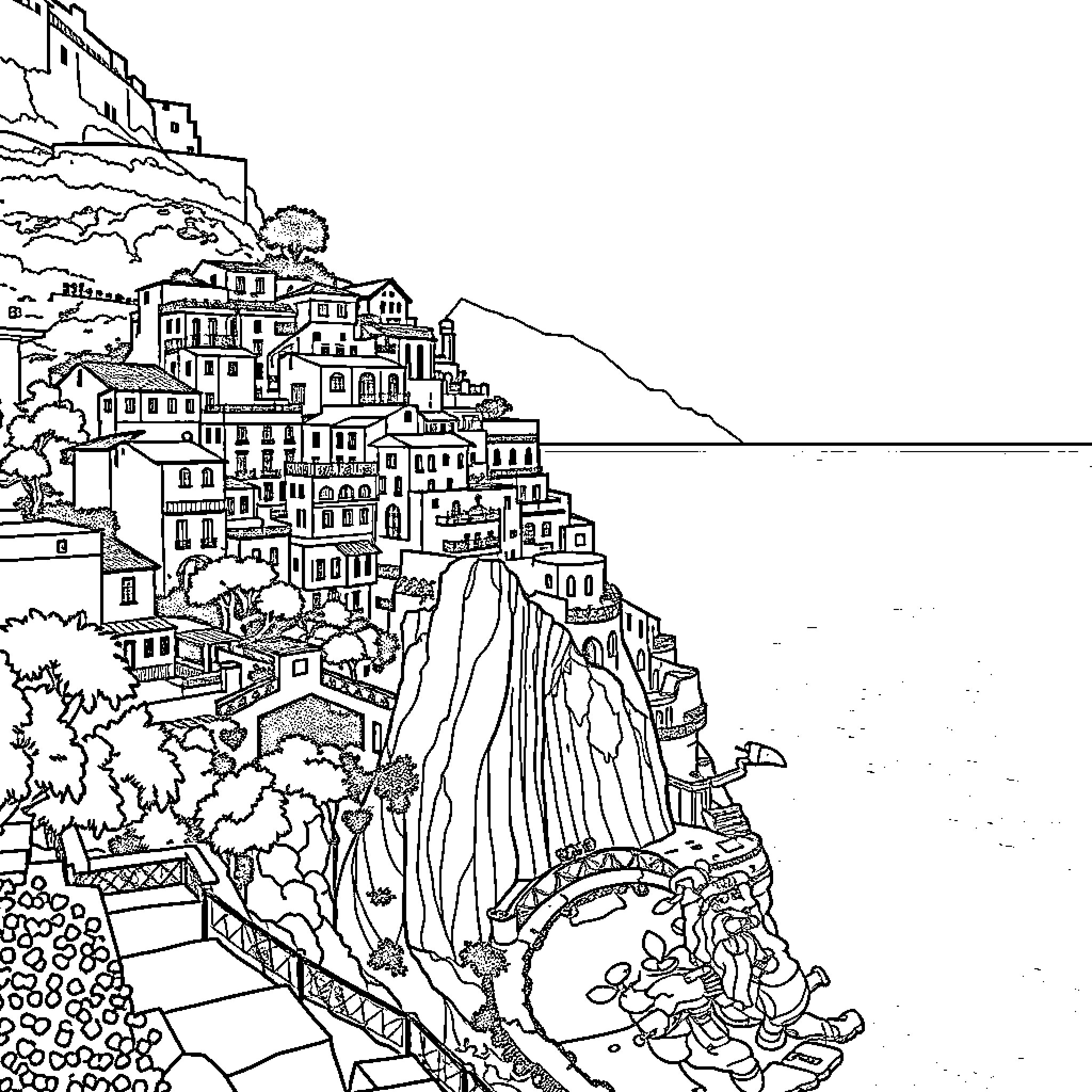 View of a Picturesque Coastal Town Coloring Page (free black-and-white line drawing printable PDF for all, from beginners to advanced learners, including children, teens, adults, and seniors)
