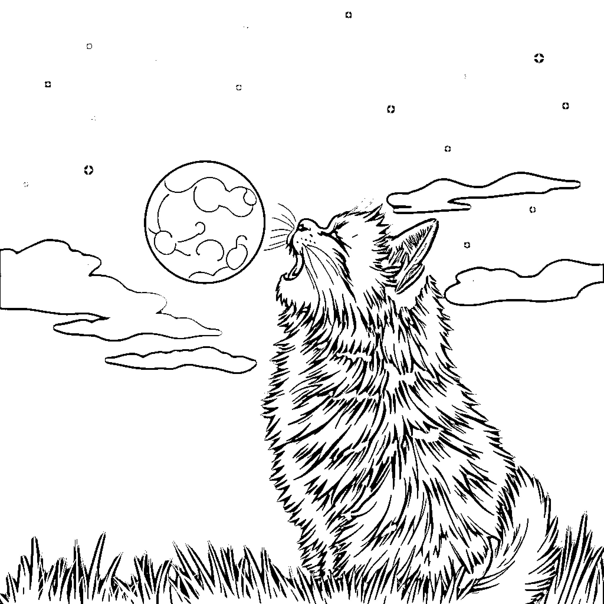 Cat howling at the Moon Coloring Page (free black-and-white line drawing printable PDF for all, from beginners to advanced learners, including children, teens, adults, and seniors)