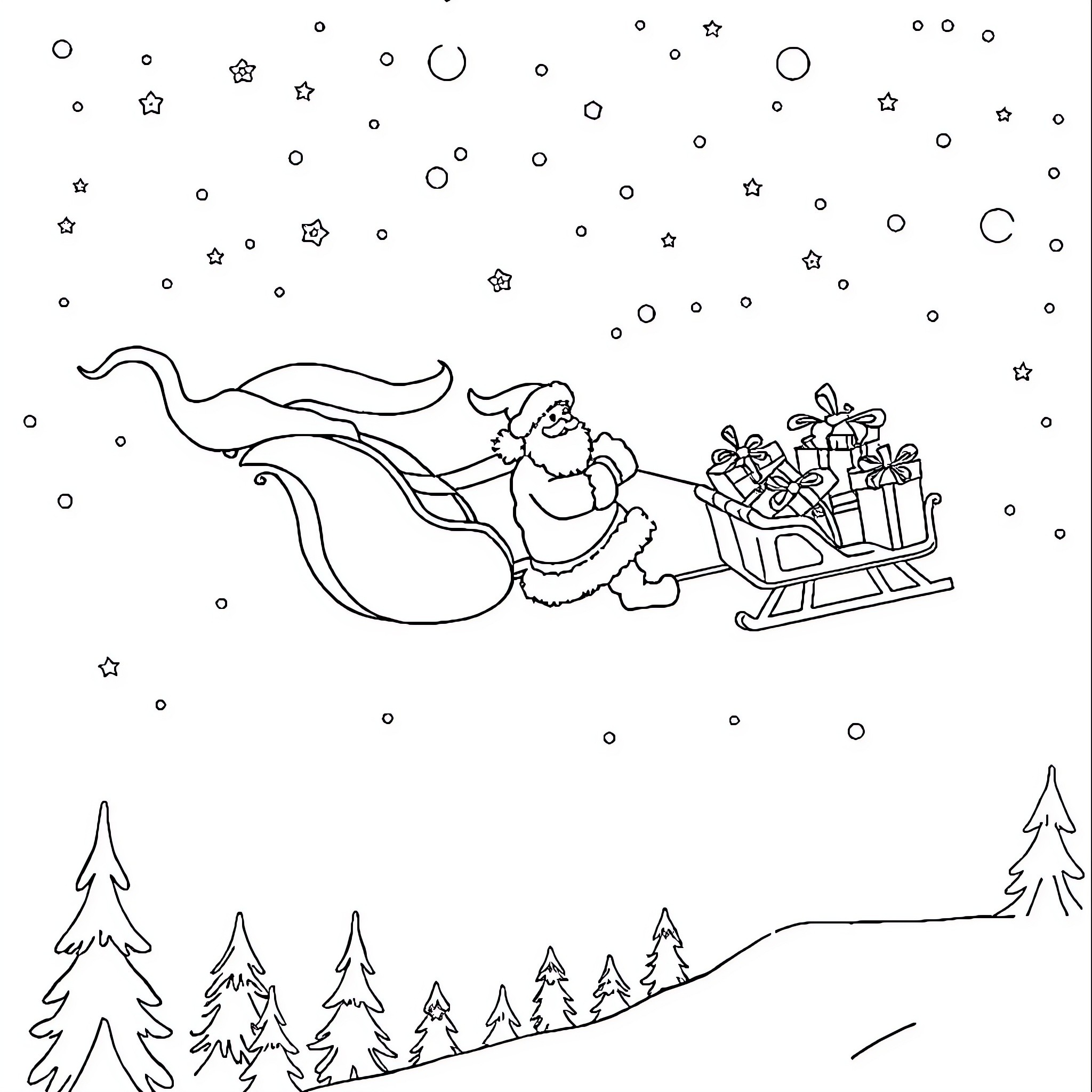 Sleigh carrying Santa and presents through snowy night Coloring Page (free black-and-white line drawing printable PDF for all, from beginners to advanced learners, including children, teens, adults, and seniors)
