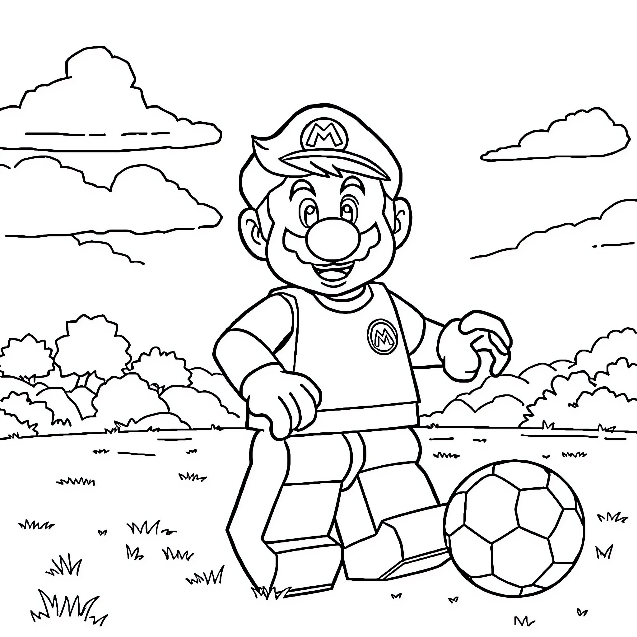Lego Mario playing soccer in the park Coloring Page (free black-and-white line drawing printable PDF for all, from beginners to advanced learners, including children, teens, adults, and seniors)