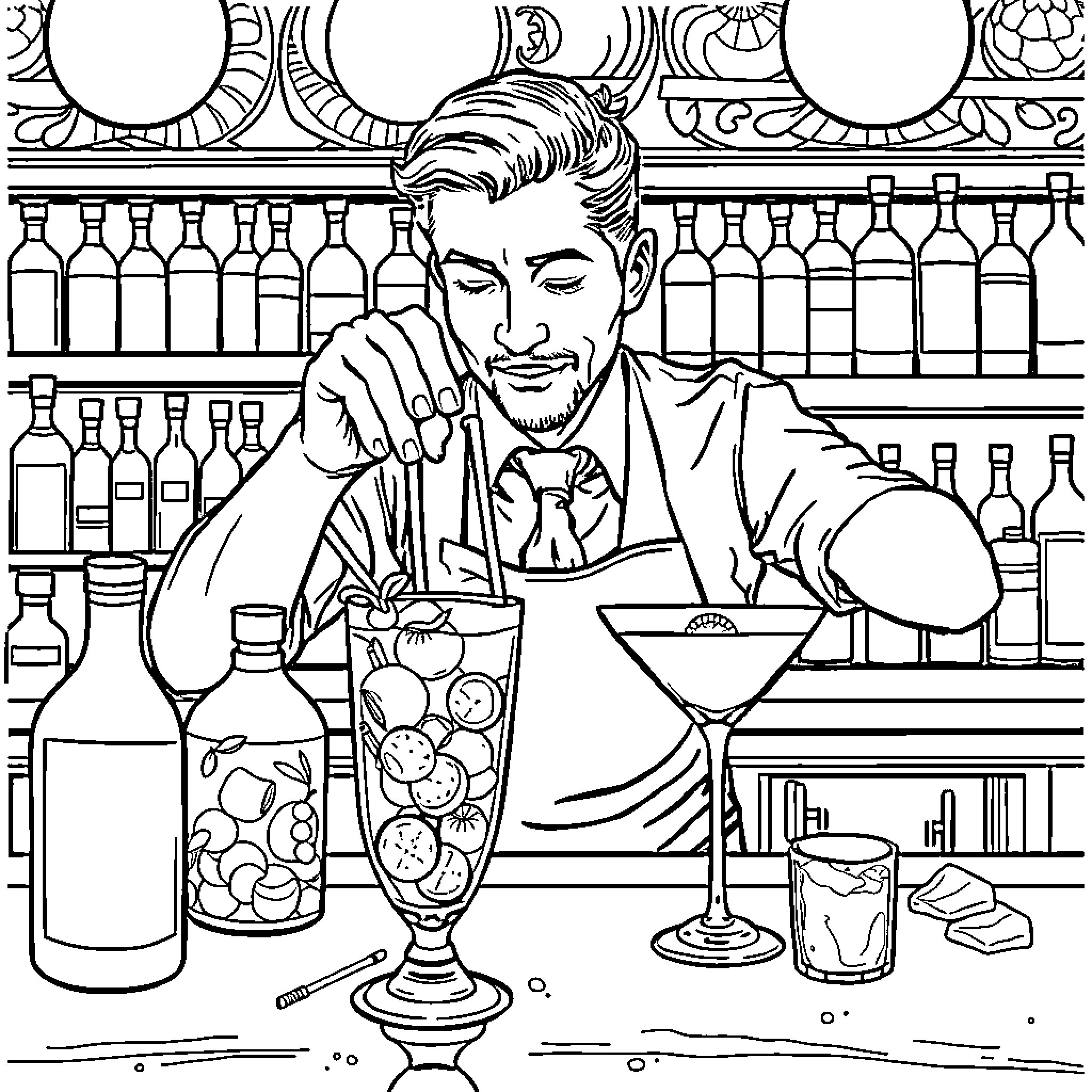 Bartender Mixing Drinks at the Bar Coloring Page (free black-and-white line drawing printable PDF for all, from beginners to advanced learners, including children, teens, adults, and seniors)