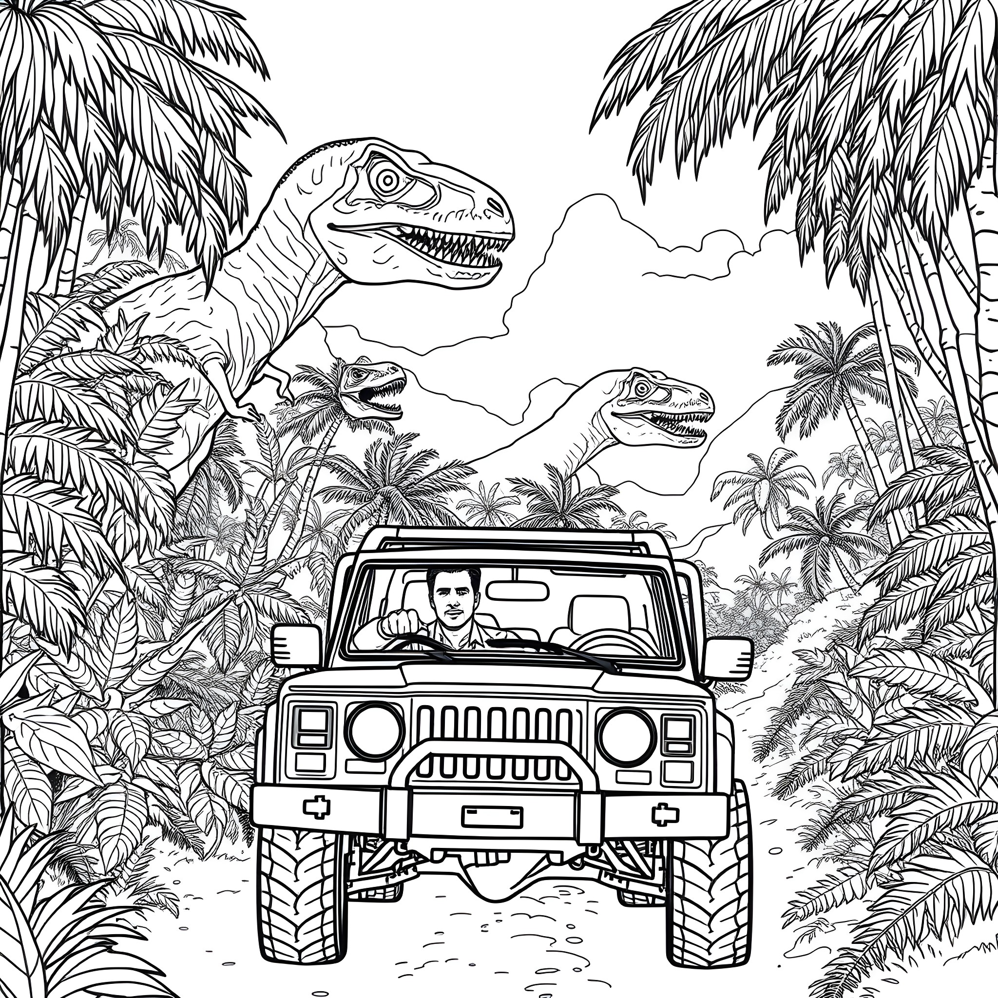 Nicolas Cage drives through a prehistoric jungle Coloring Page (free black-and-white line drawing printable PDF for all, from beginners to advanced learners, including children, teens, adults, and seniors)