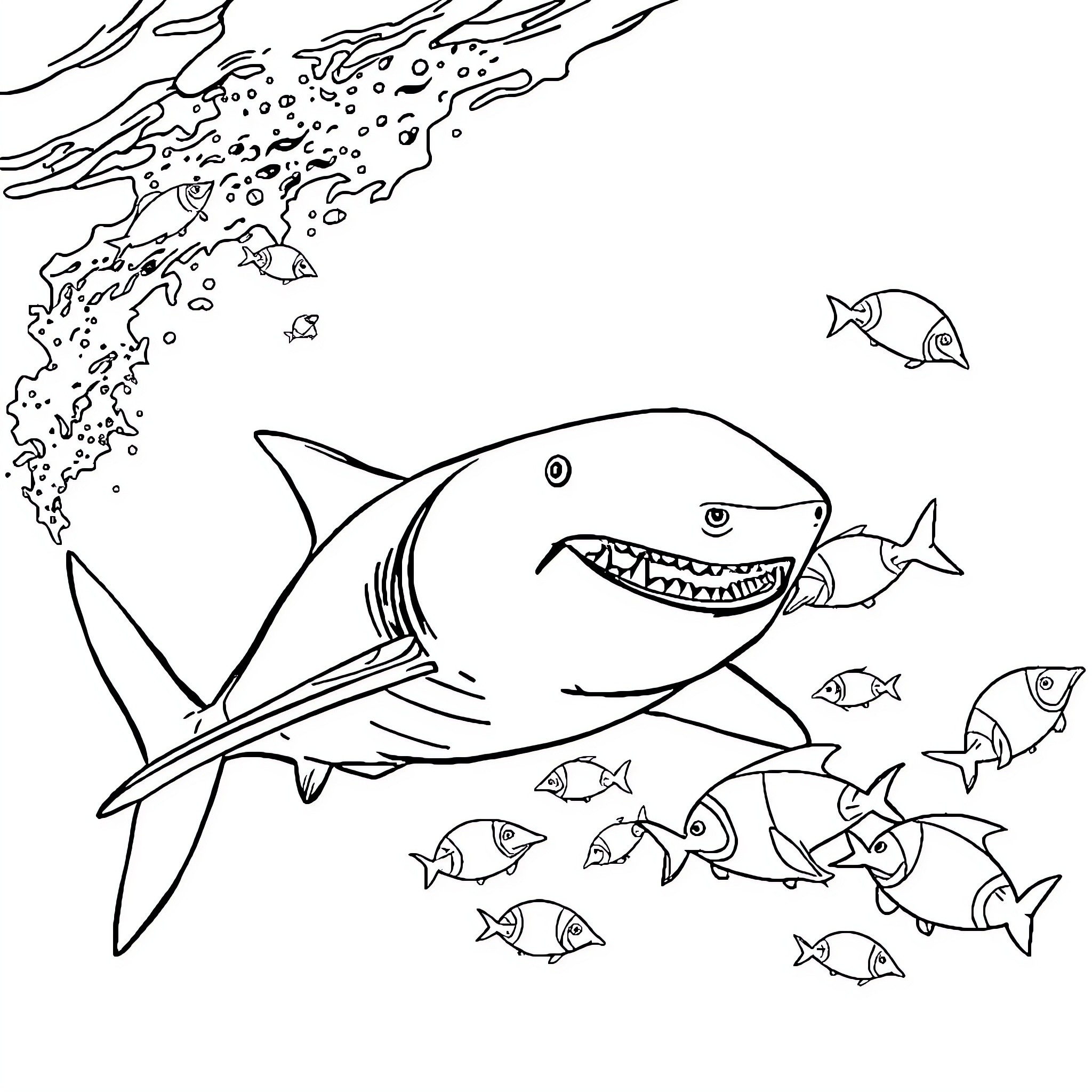 Shark hunting for smaller fish in the ocean Coloring Page (free black-and-white line drawing printable PDF for all, from beginners to advanced learners, including children, teens, adults, and seniors)