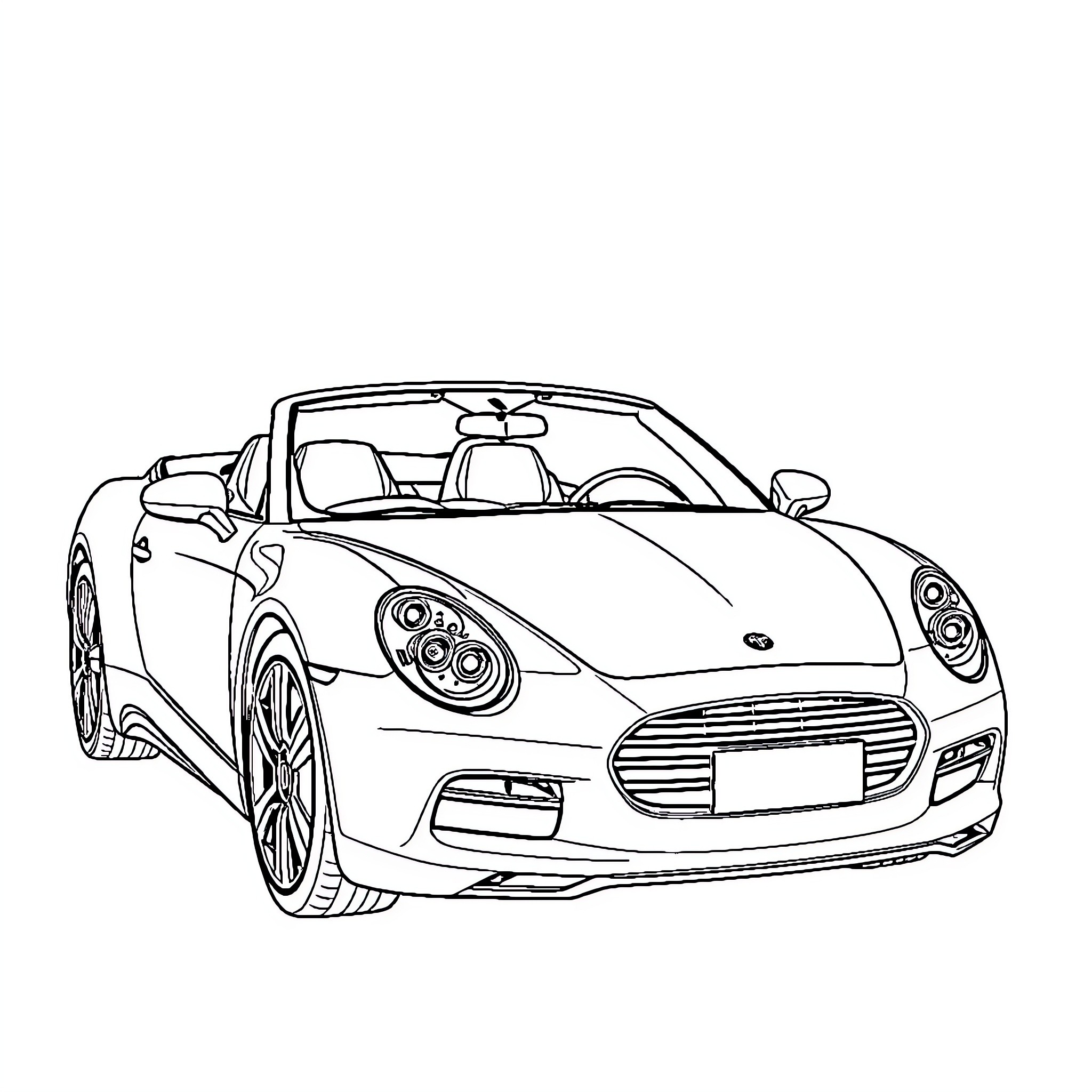 Labubu Cabriolet sports car on the road Coloring Page (free black-and-white line drawing printable PDF for all, from beginners to advanced learners, including children, teens, adults, and seniors)