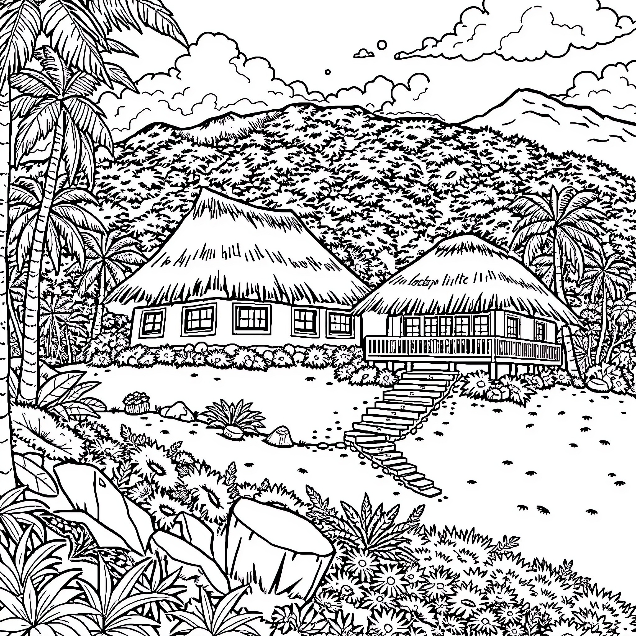 Lenape Lodge - Scenic Tropical Huts and Vegetation Coloring Page (free black-and-white line drawing printable PDF for all, from beginners to advanced learners, including children, teens, adults, and seniors)