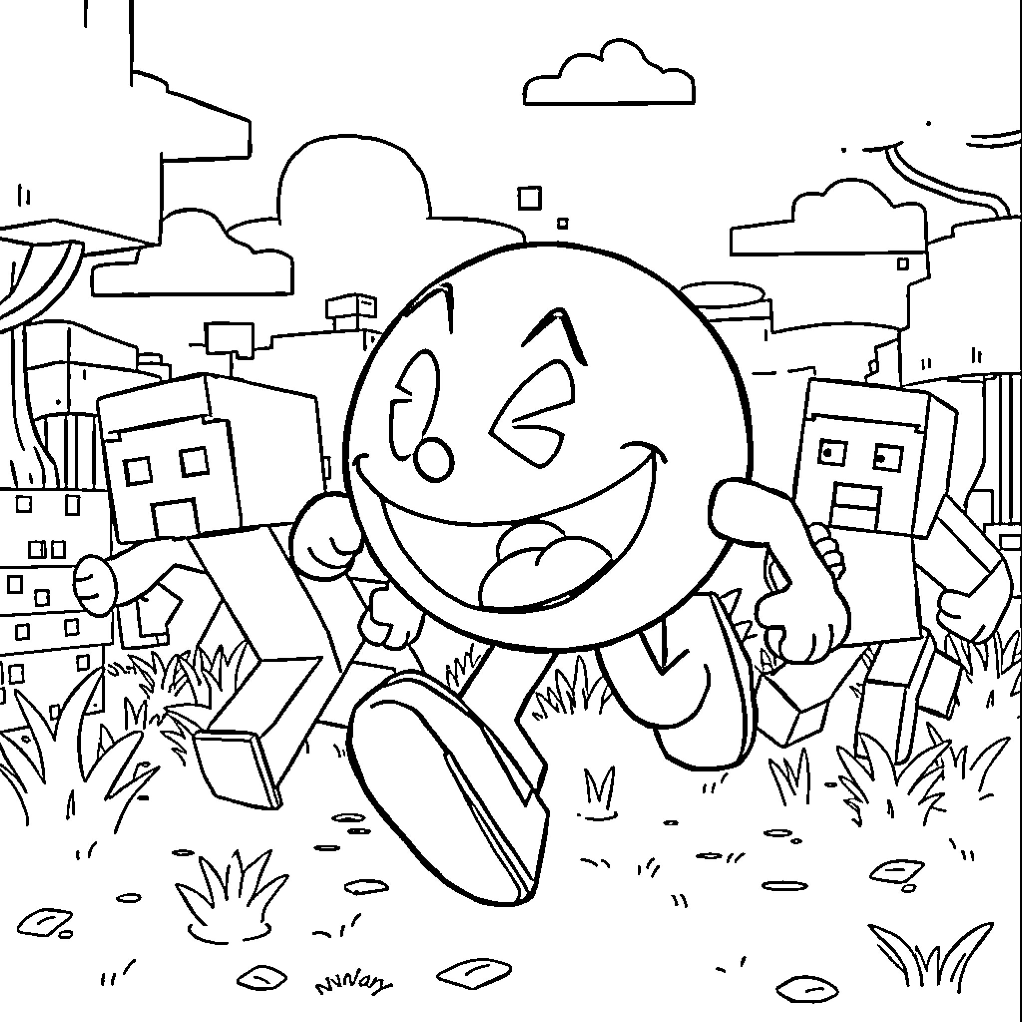 Pac-Man exploring a whimsical cityscape Coloring Page (free black-and-white line drawing printable PDF for all, from beginners to advanced learners, including children, teens, adults, and seniors)