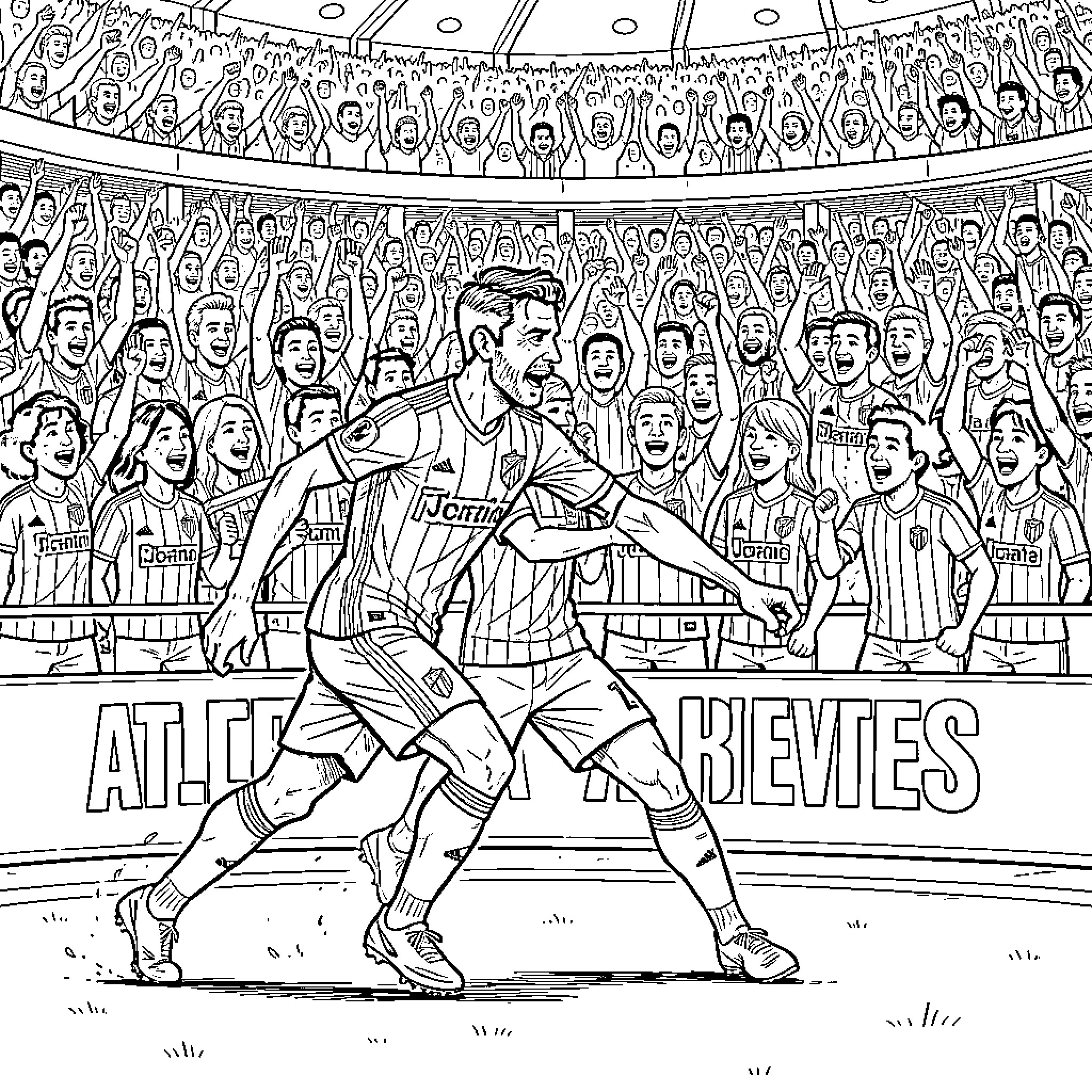 Atletico Madrid Players Competing on the Field Coloring Page (free black-and-white line drawing printable PDF for all, from beginners to advanced learners, including children, teens, adults, and seniors)