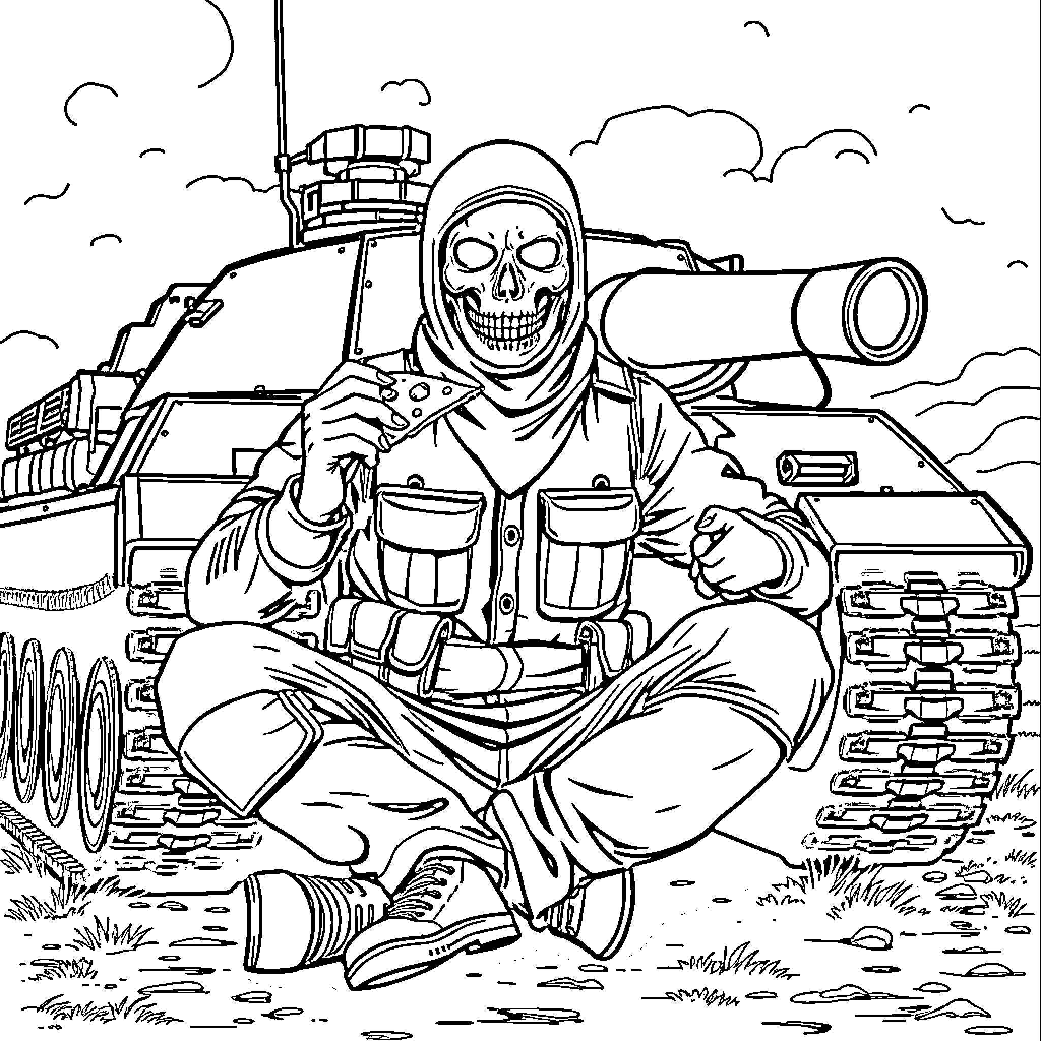 Tanker soldier in battle gear wielding a weapon Coloring Page (free black-and-white line drawing printable PDF for all, from beginners to advanced learners, including children, teens, adults, and seniors)