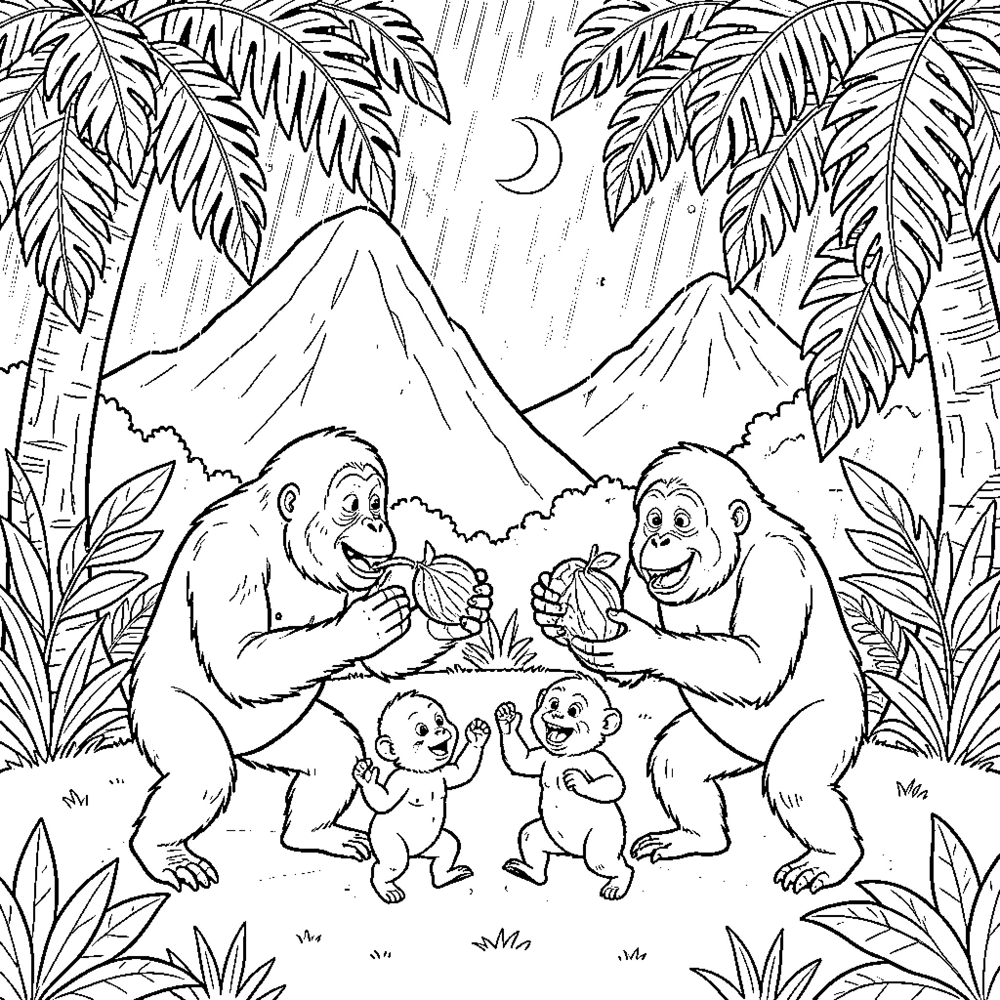Orangutans enjoying a meal with their young in the jungle Coloring Page (free black-and-white line drawing printable PDF for all, from beginners to advanced learners, including children, teens, adults, and seniors)