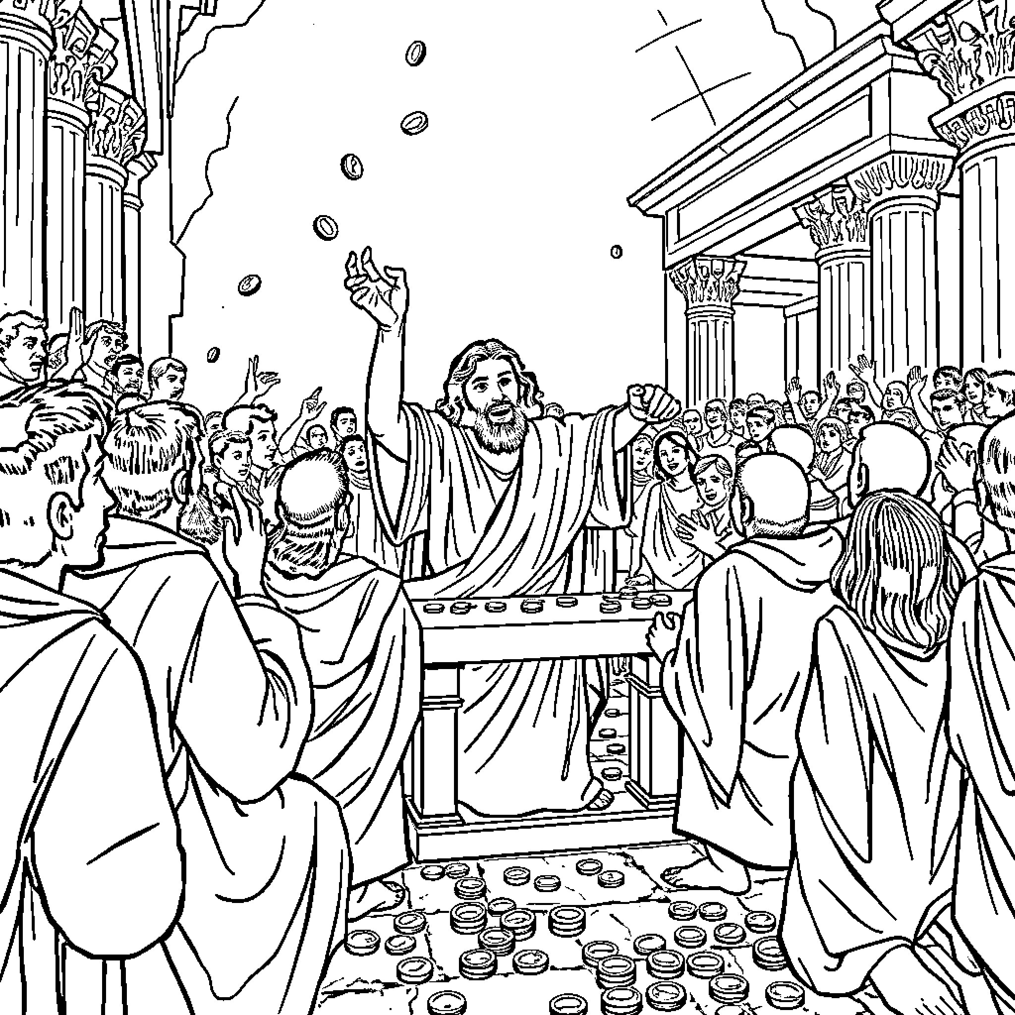 Jesus performing miracles among the crowds Coloring Page (free black-and-white line drawing printable PDF for all, from beginners to advanced learners, including children, teens, adults, and seniors)