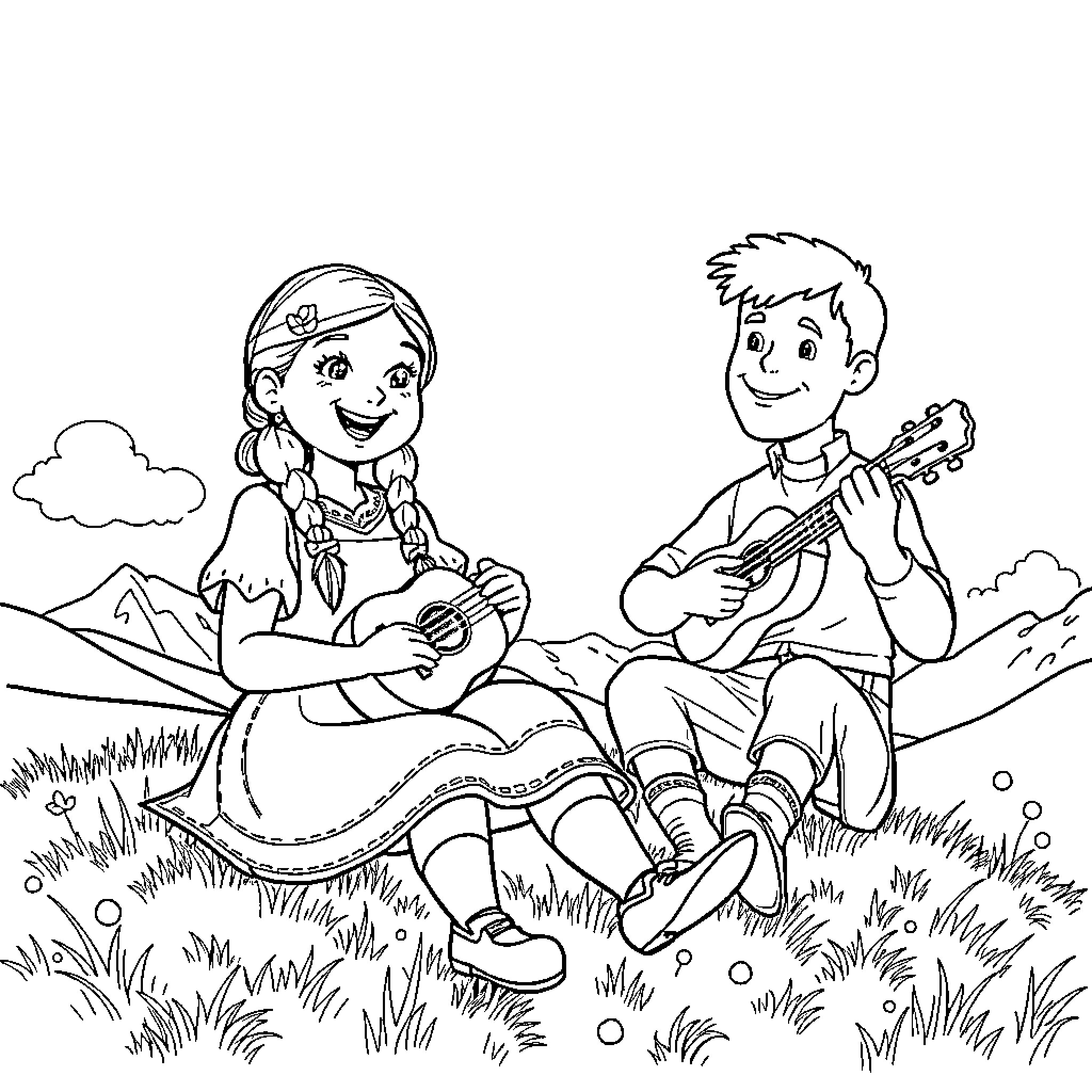 Heidi and the boy playing music together in the countryside Coloring Page (free black-and-white line drawing printable PDF for all, from beginners to advanced learners, including children, teens, adults, and seniors)