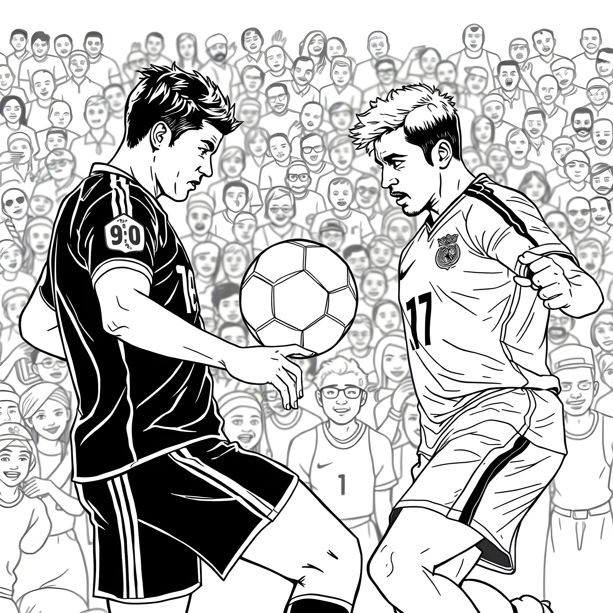 Ronaldo in an intense soccer match with rival player Coloring Page (free black-and-white line drawing printable PDF for all, from beginners to advanced learners, including children, teens, adults, and seniors)