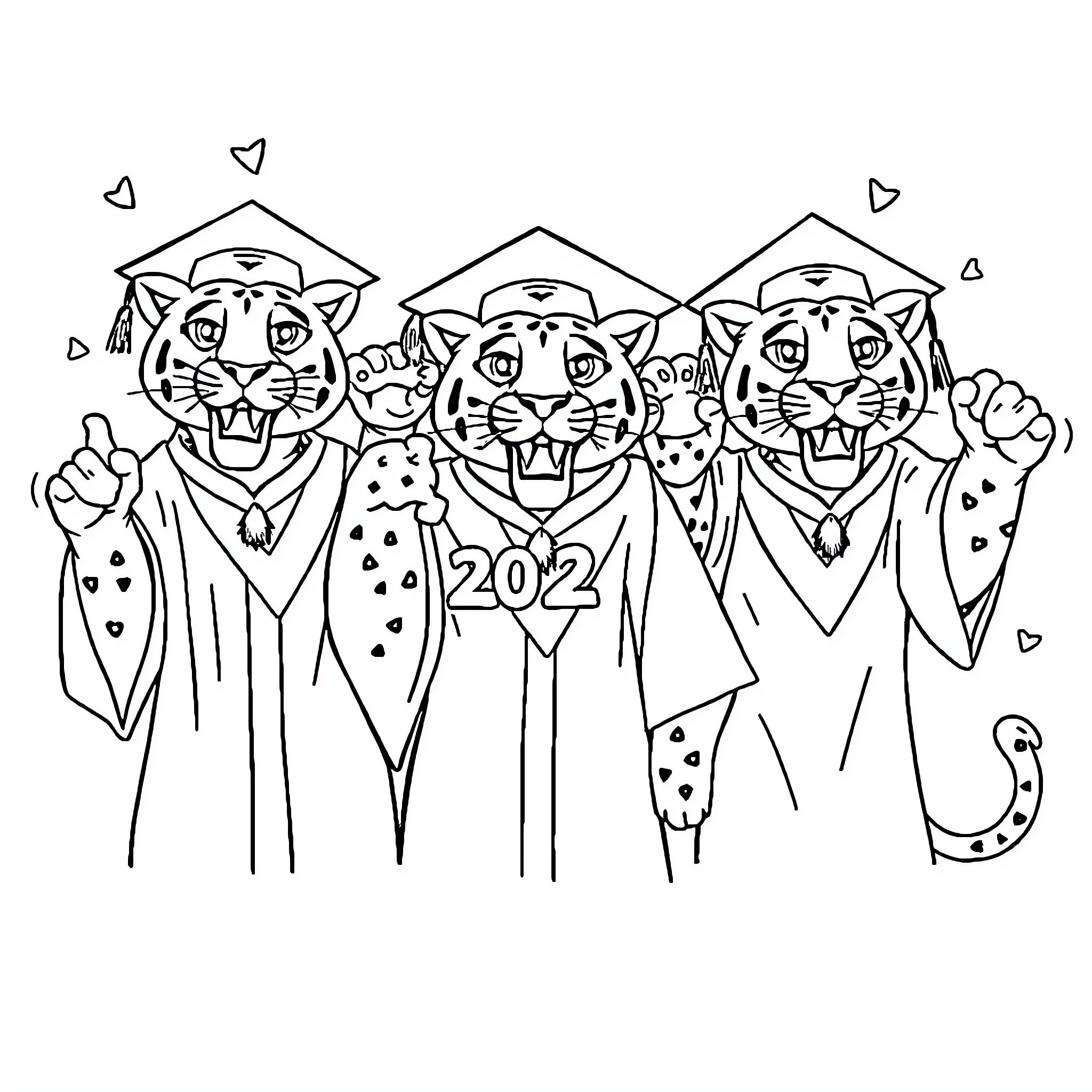 Panther graduates celebrating their achievements Coloring Page (free black-and-white line drawing printable PDF for all, from beginners to advanced learners, including children, teens, adults, and seniors)