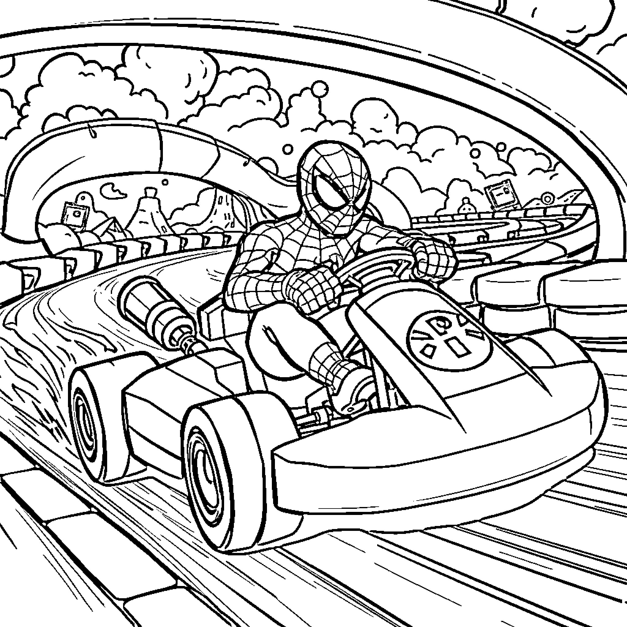Spiderman riding a high-speed racecar in the city Coloring Page (free black-and-white line drawing printable PDF for all, from beginners to advanced learners, including children, teens, adults, and seniors)