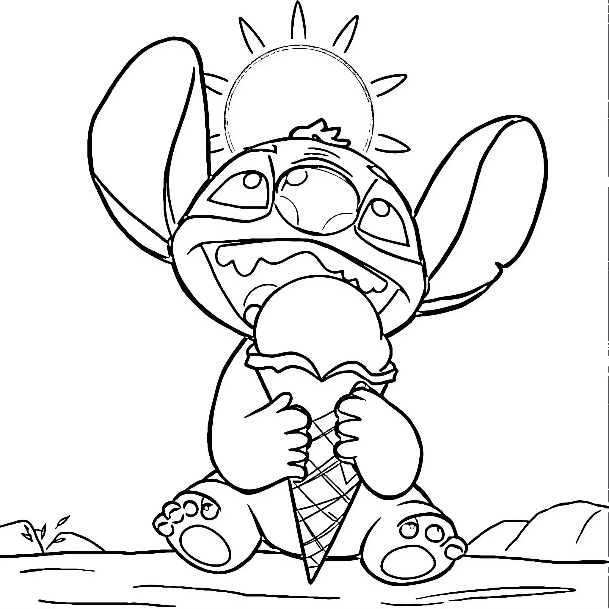 Stitch enjoying an ice cream cone in nature Coloring Page (free black-and-white line drawing printable PDF for all, from beginners to advanced learners, including children, teens, adults, and seniors)