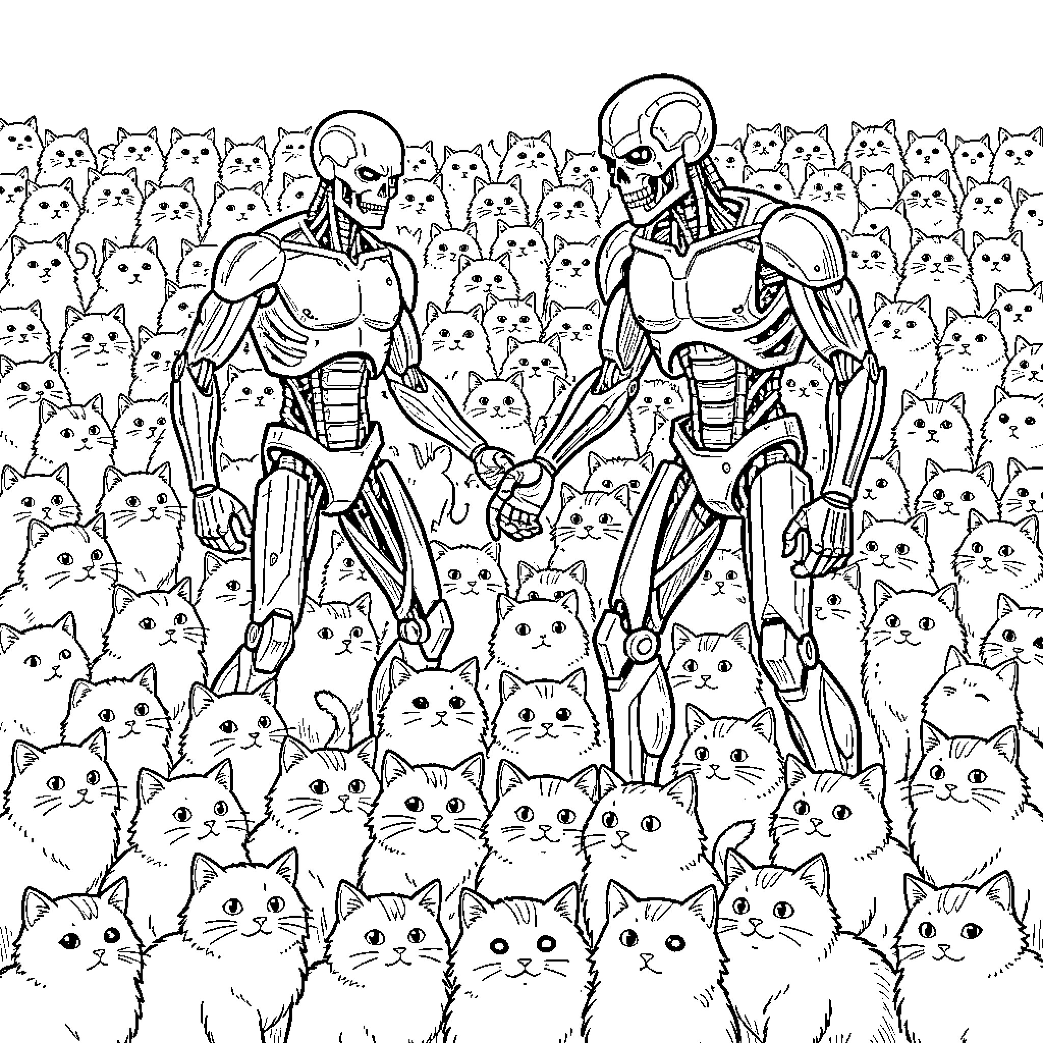 Terminator Robots Confronting Swarm of Cats Coloring Page (free black-and-white line drawing printable PDF for all, from beginners to advanced learners, including children, teens, adults, and seniors)