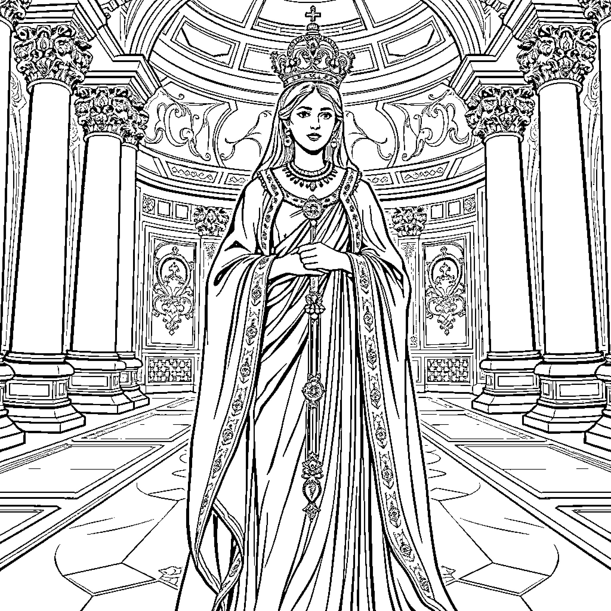 Theodora: Empress in Regal Splendor within Ornate Palace Coloring Page (free black-and-white line drawing printable PDF for all, from beginners to advanced learners, including children, teens, adults, and seniors)
