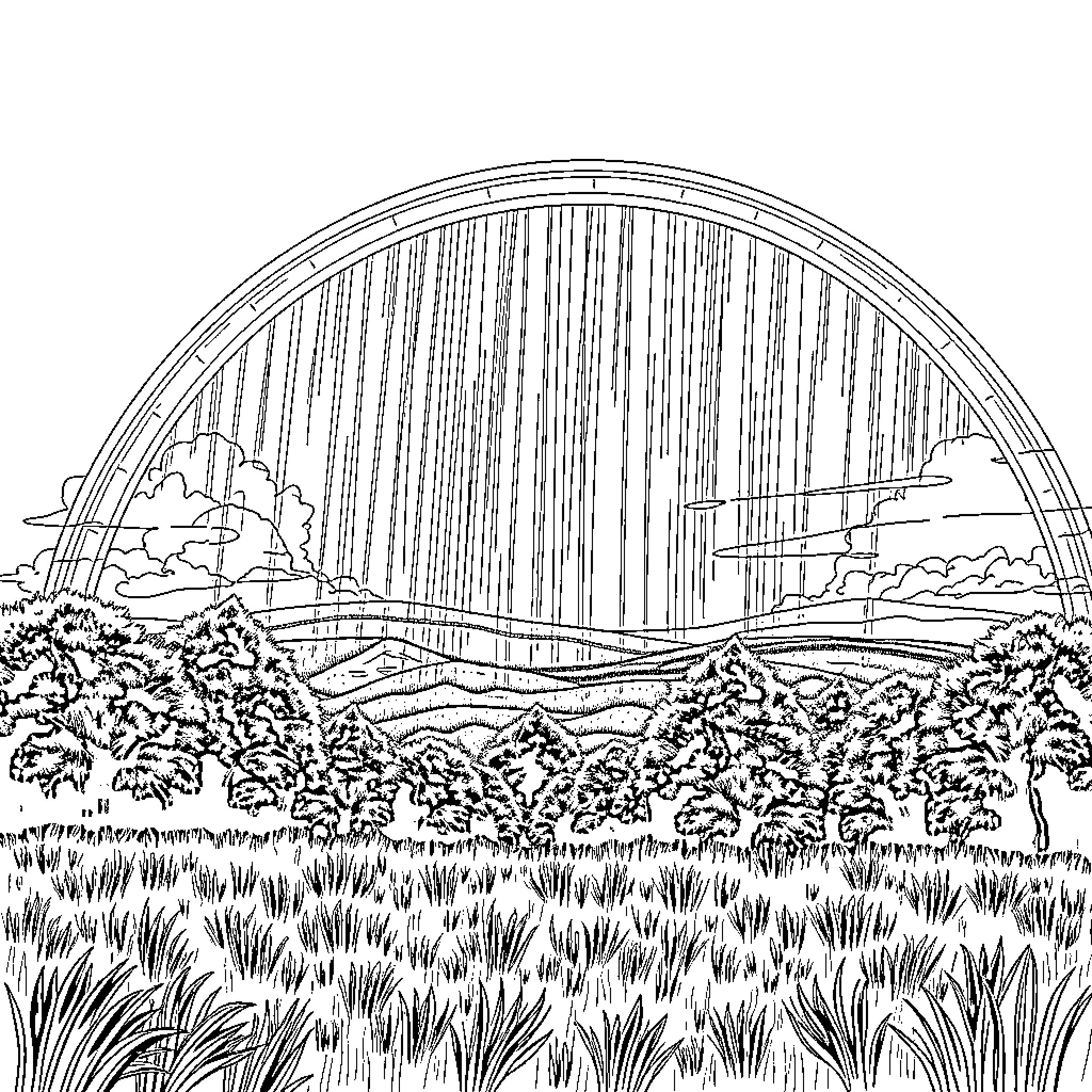 Rainbow Landscape with Lush Foliage and Clouds Coloring Page (free black-and-white line drawing printable PDF for all, from beginners to advanced learners, including children, teens, adults, and seniors)