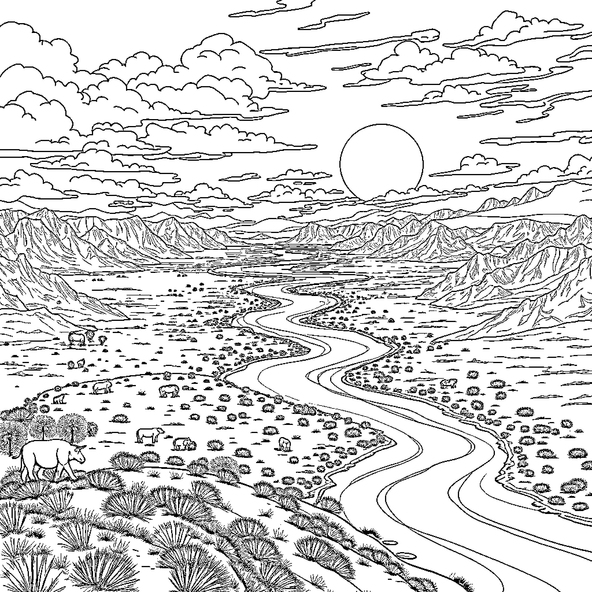 Therian Landscape Dreamscape Coloring Page (free black-and-white line drawing printable PDF for all, from beginners to advanced learners, including children, teens, adults, and seniors)