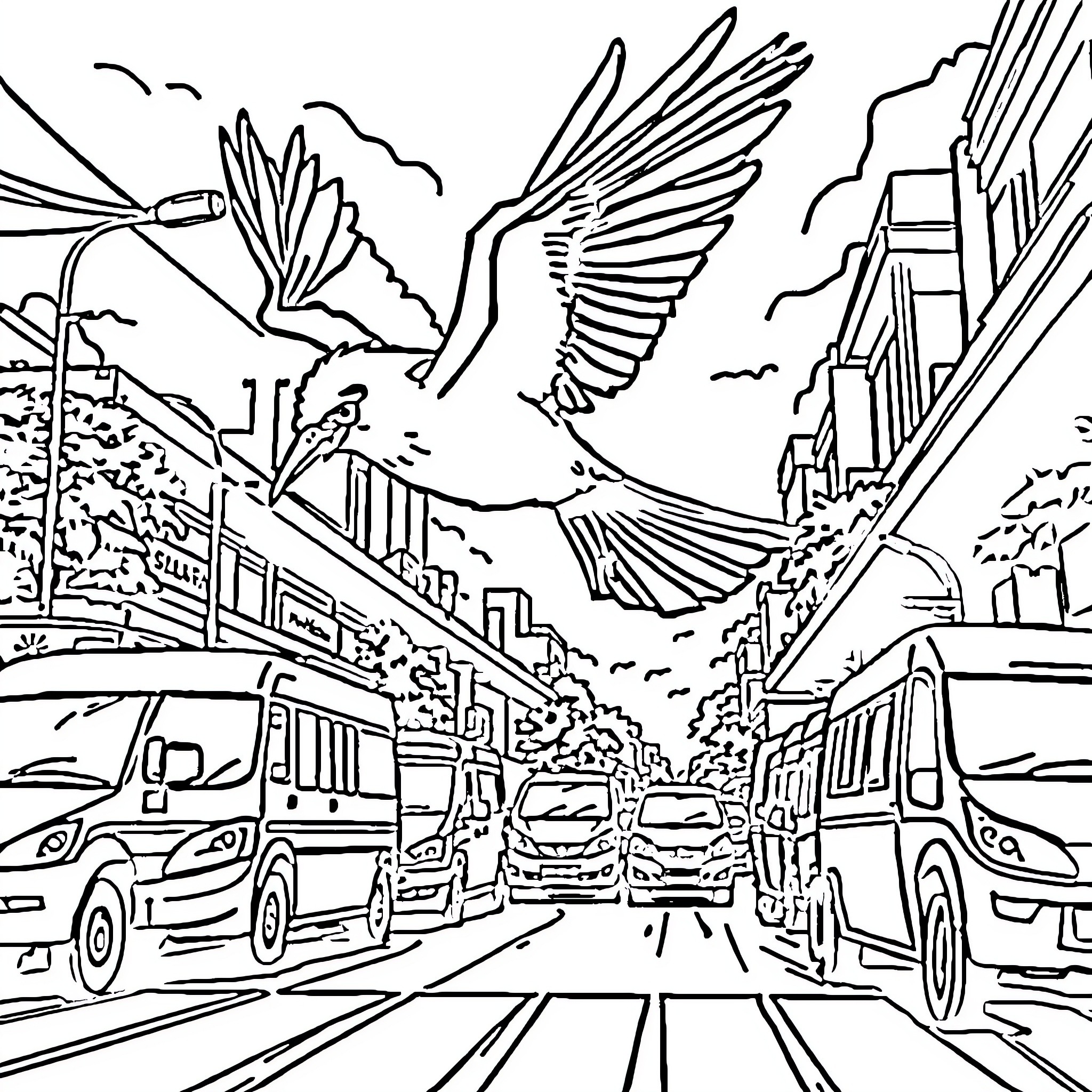Bird soaring over busy urban city scene Coloring Page (free black-and-white line drawing printable PDF for all, from beginners to advanced learners, including children, teens, adults, and seniors)