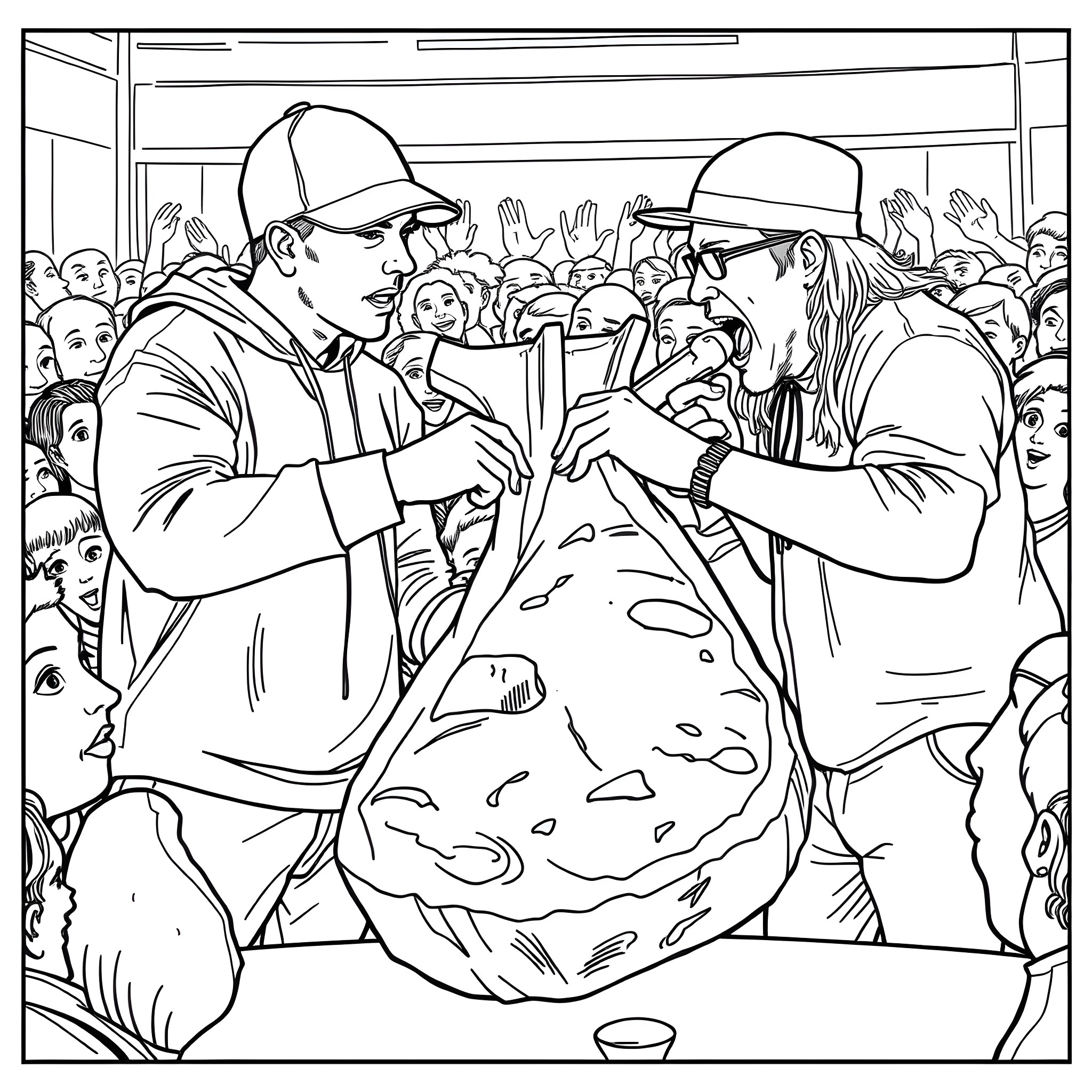 Eminem Performing on Stage with Crowd Coloring Page (free black-and-white line drawing printable PDF for all, from beginners to advanced learners, including children, teens, adults, and seniors)