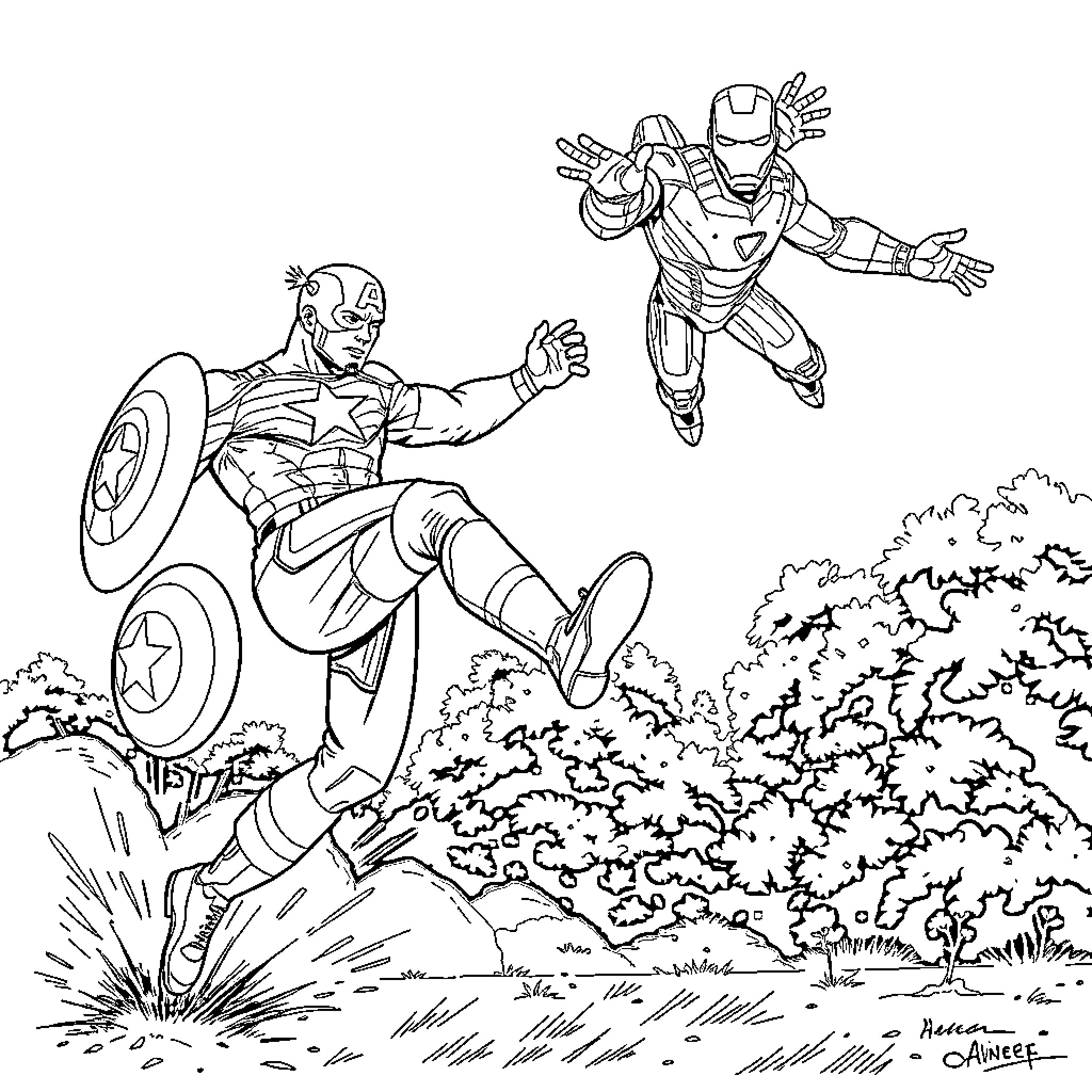 Captain America in action with Iron Man Coloring Page (free black-and-white line drawing printable PDF for all, from beginners to advanced learners, including children, teens, adults, and seniors)