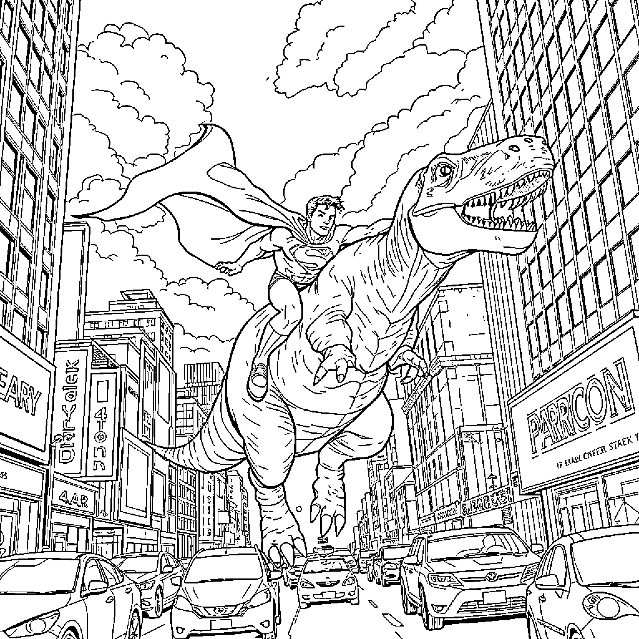 Superman battles a giant dinosaur in the city Coloring Page (free black-and-white line drawing printable PDF for all, from beginners to advanced learners, including children, teens, adults, and seniors)