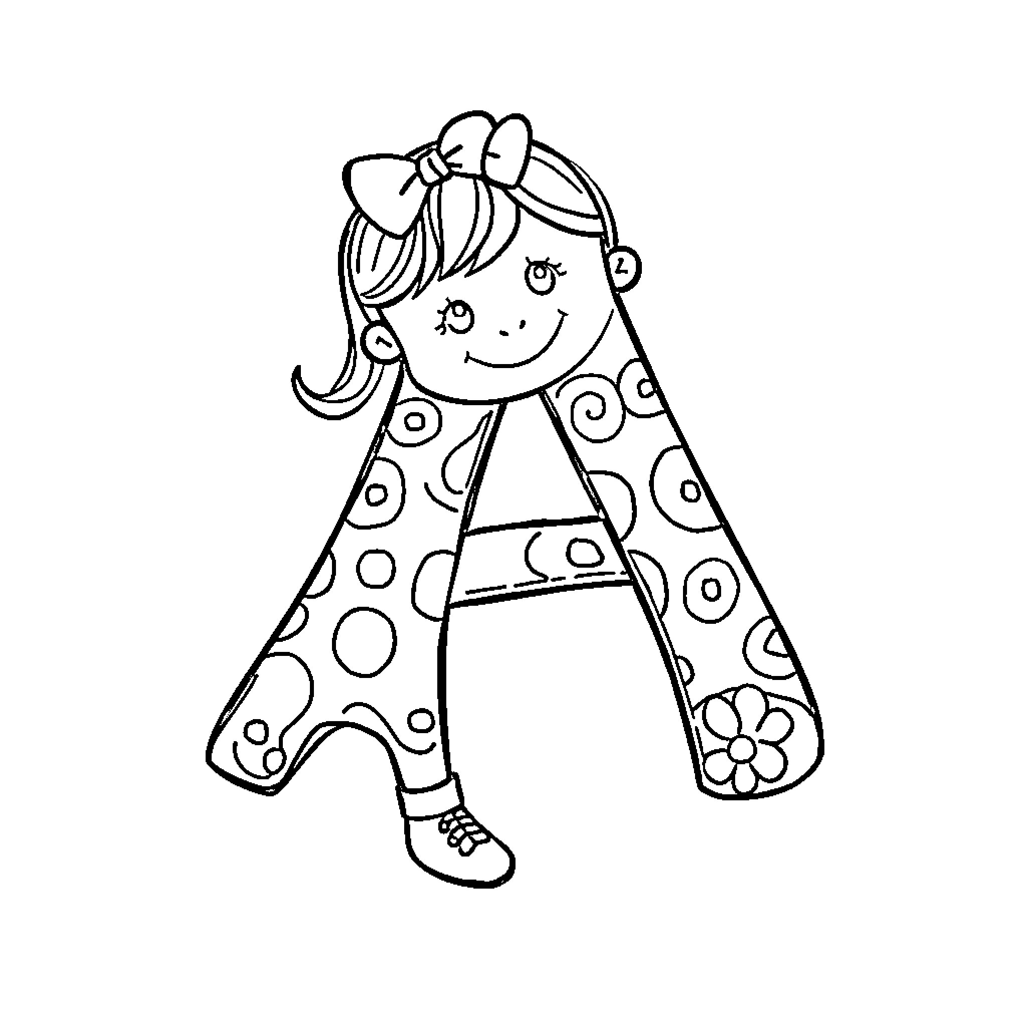 Letter A Cartoon Girl with Floral Dress Coloring Page (free black-and-white line drawing printable PDF for all, from beginners to advanced learners, including children, teens, adults, and seniors)