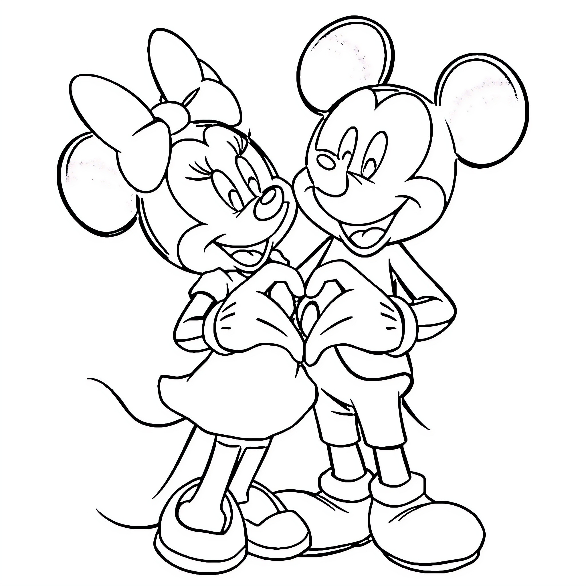 Mickey Mouse and Minnie Mouse embracing affectionately Coloring Page (free black-and-white line drawing printable PDF for all, from beginners to advanced learners, including children, teens, adults, and seniors)