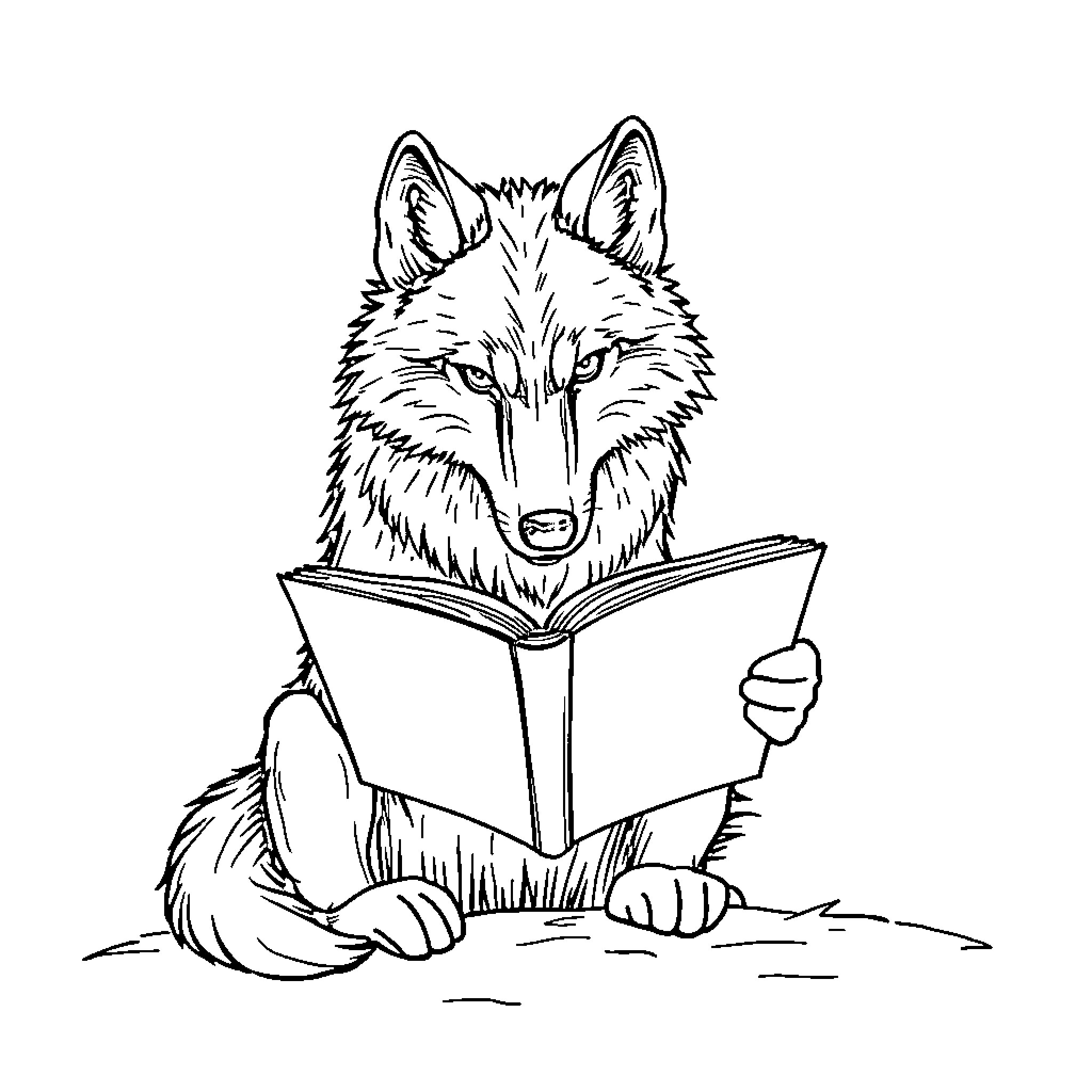Wolf reading intently from an open book Coloring Page (free black-and-white line drawing printable PDF for all, from beginners to advanced learners, including children, teens, adults, and seniors)