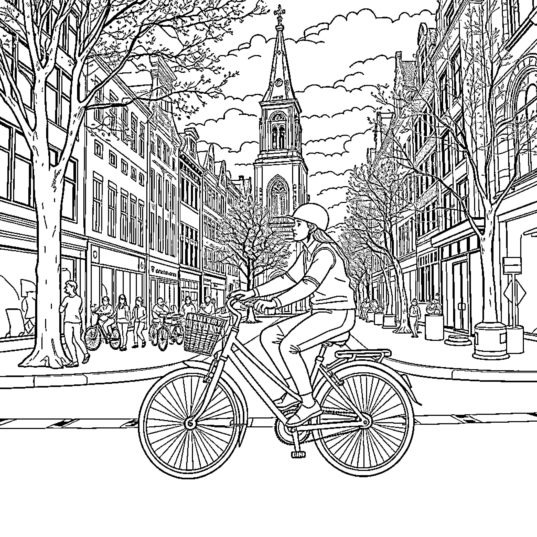 Bumba's Bicycle Tour of the City Coloring Page (free black-and-white line drawing printable PDF for all, from beginners to advanced learners, including children, teens, adults, and seniors)