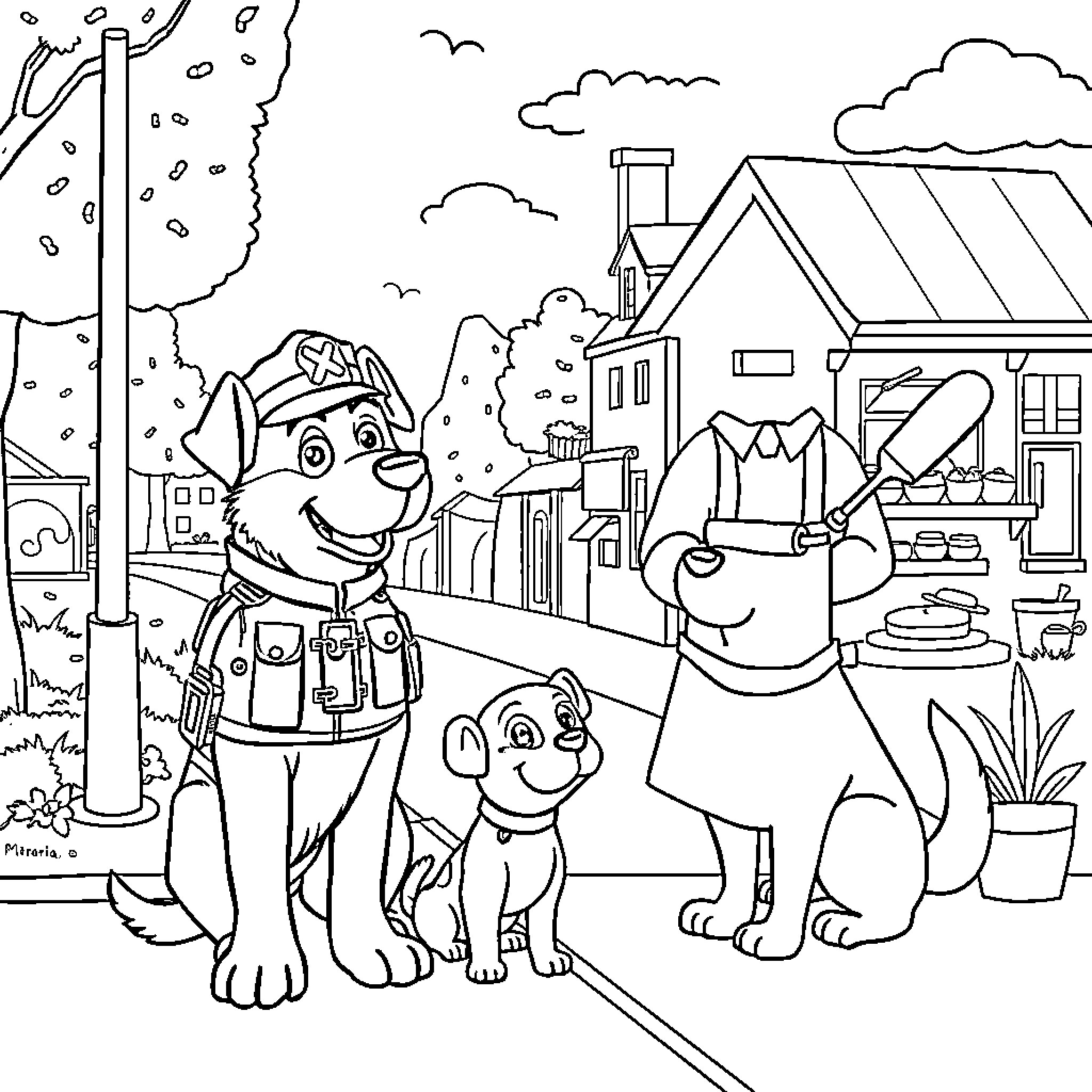 Dog Pals Exploring the Neighborhood Coloring Page (free black-and-white line drawing printable PDF for all, from beginners to advanced learners, including children, teens, adults, and seniors)