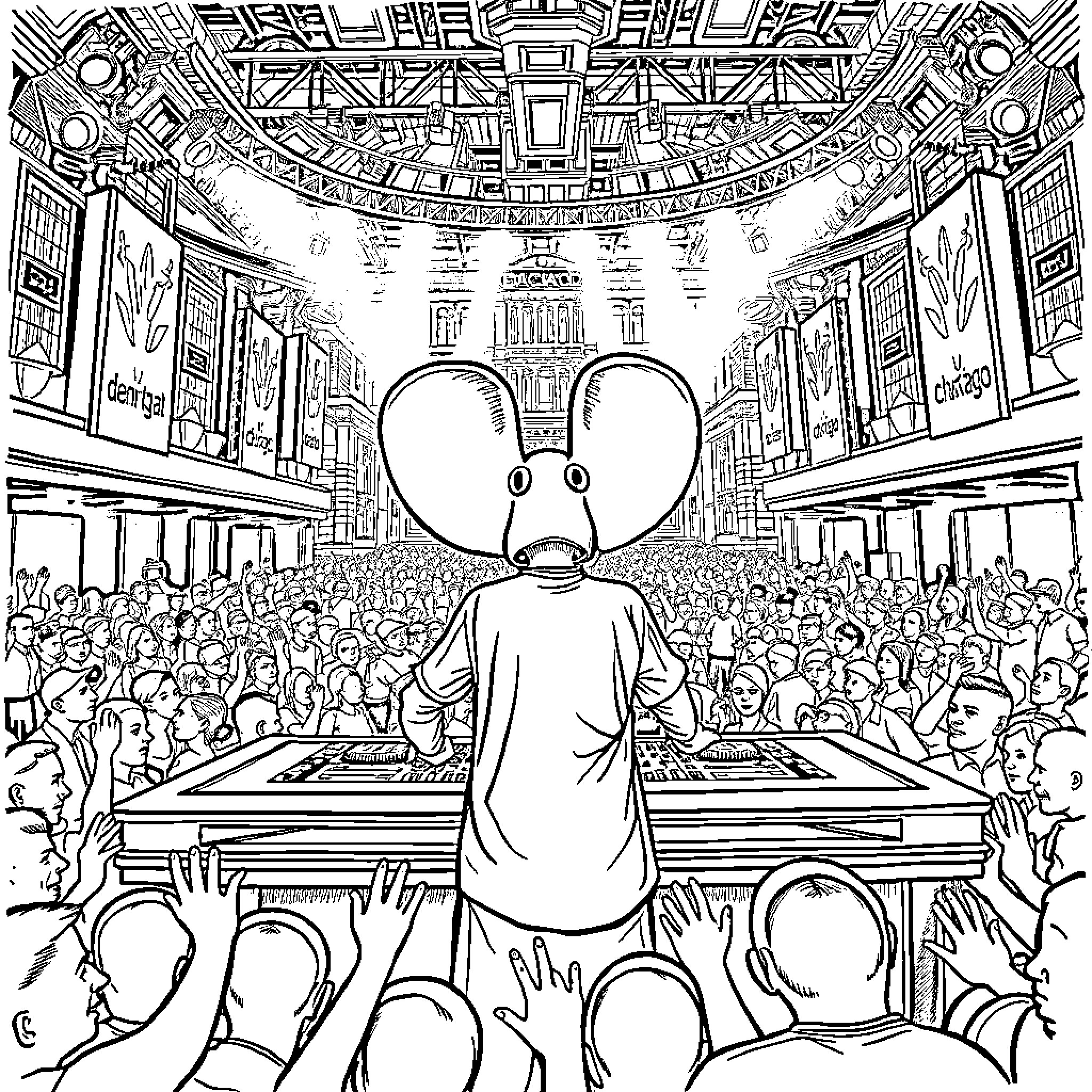 Deadmau5 performing on stage with a large crowd Coloring Page (free black-and-white line drawing printable PDF for all, from beginners to advanced learners, including children, teens, adults, and seniors)