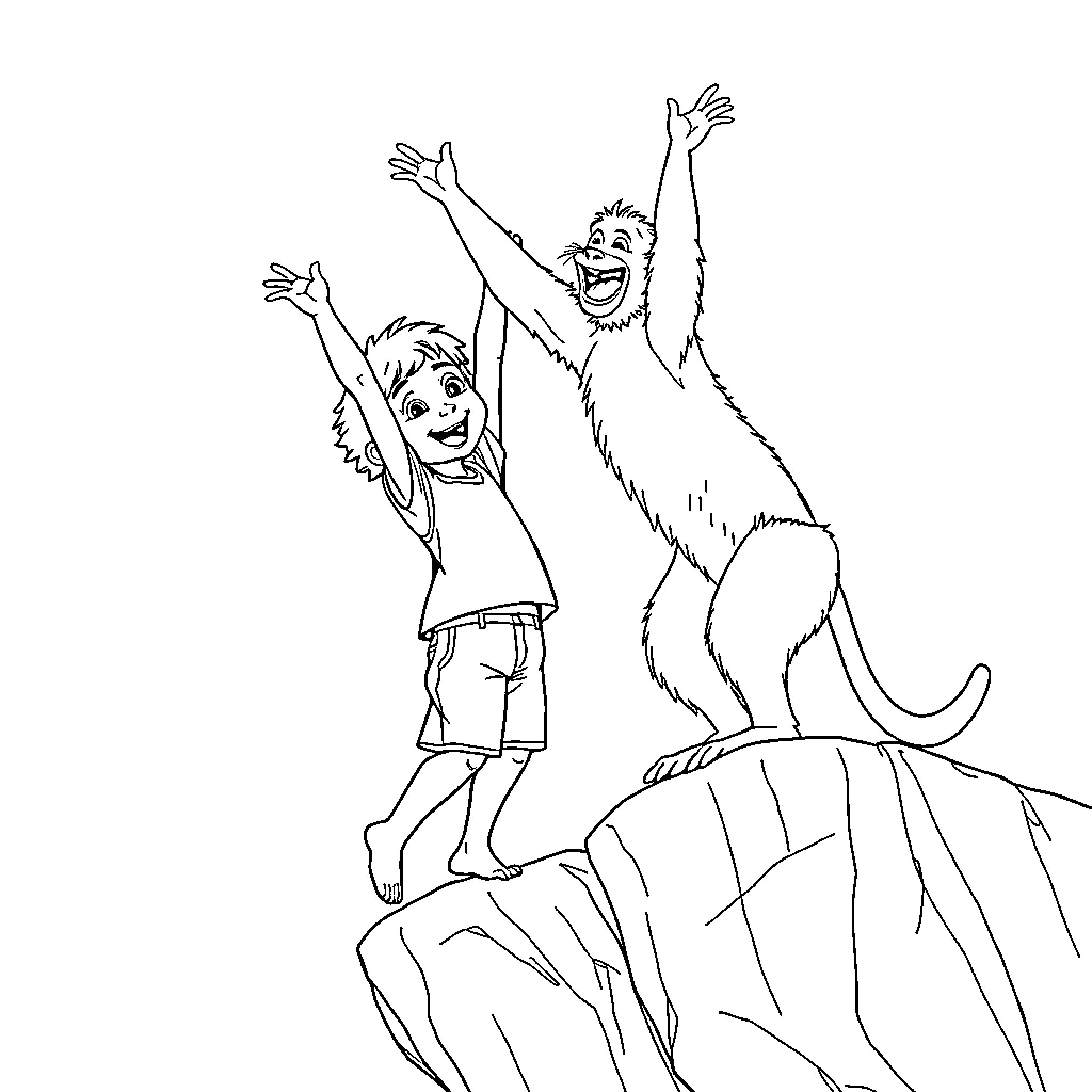 Boy and monkey excited on cliff Coloring Page (free black-and-white line drawing printable PDF for all, from beginners to advanced learners, including children, teens, adults, and seniors)
