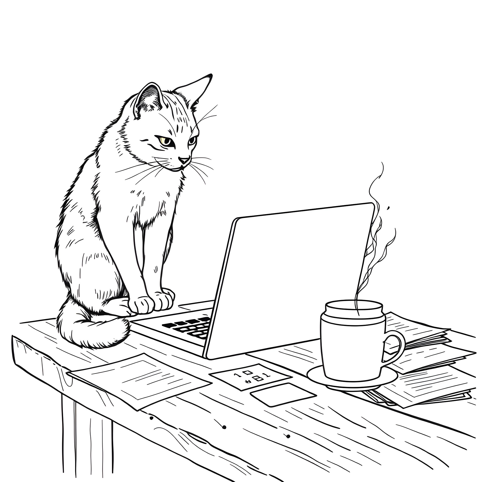 Cat working diligently on laptop with coffee Coloring Page (free black-and-white line drawing printable PDF for all, from beginners to advanced learners, including children, teens, adults, and seniors)