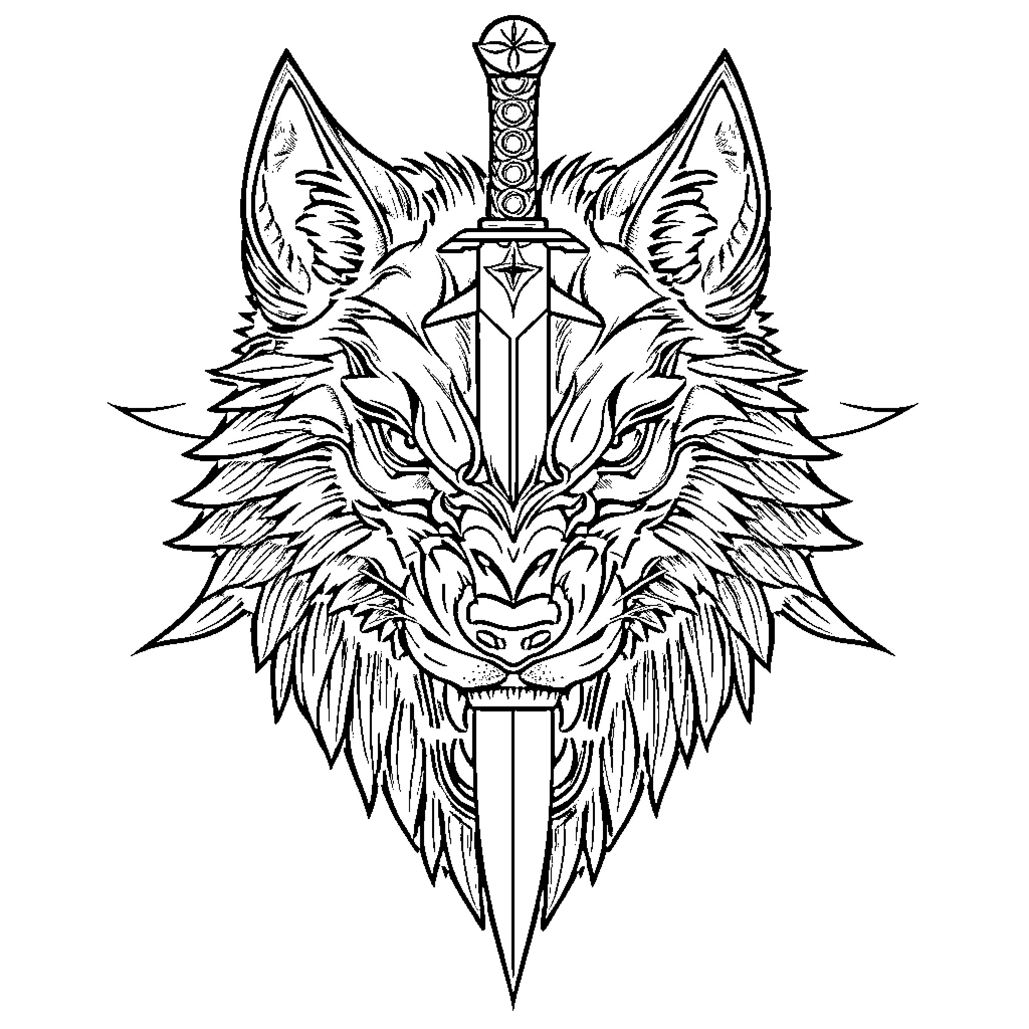 Wolf Warrior with Ornate Sword and Horns Coloring Page (free black-and-white line drawing printable PDF for all, from beginners to advanced learners, including children, teens, adults, and seniors)