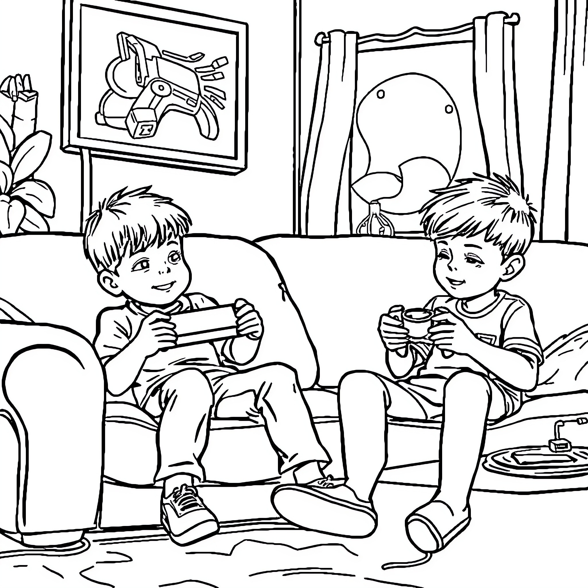 Niños jugando videojuegos en la sala de estar Coloring Page (free black-and-white line drawing printable PDF for all, from beginners to advanced learners, including children, teens, adults, and seniors)