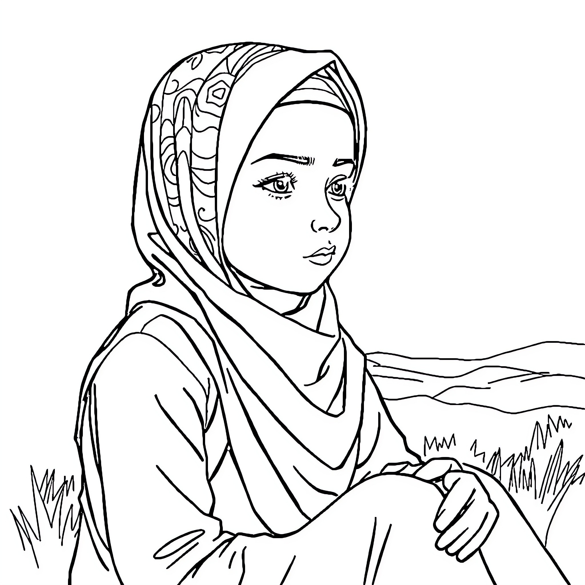 Muslim Girl in Contemplative Pose Coloring Page (free black-and-white line drawing printable PDF for all, from beginners to advanced learners, including children, teens, adults, and seniors)