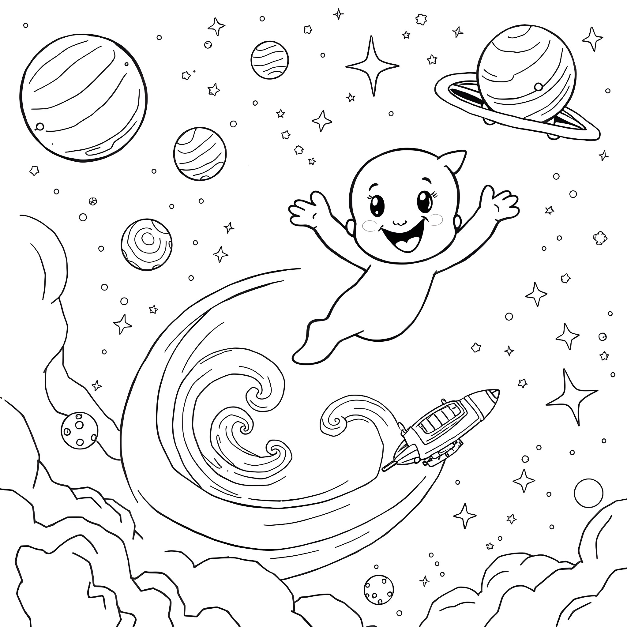 Bluey's Cosmic Adventure Coloring Page (free black-and-white line drawing printable PDF for all, from beginners to advanced learners, including children, teens, adults, and seniors)