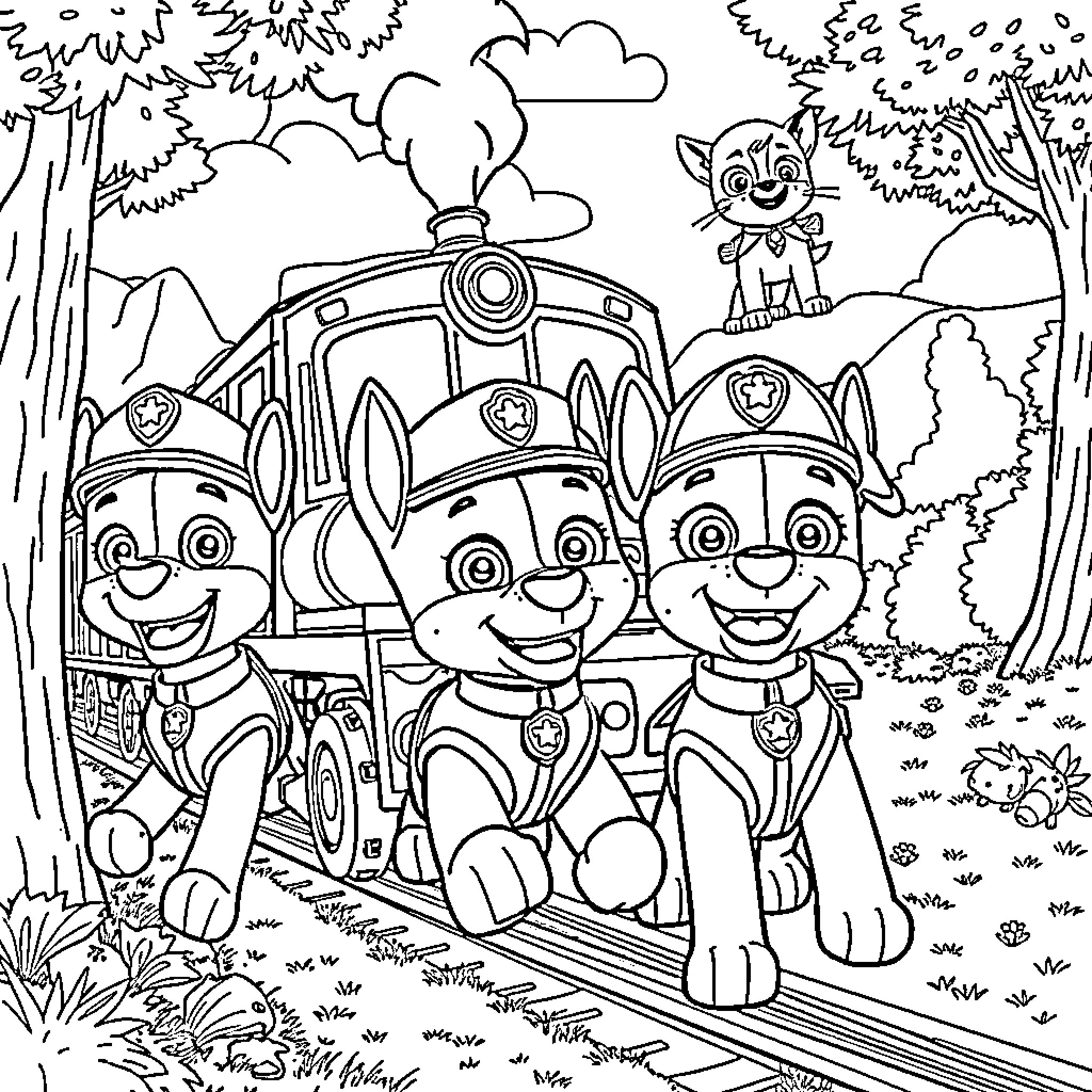 Paw Patrol Pups Riding in a Train in the Wilderness Coloring Page (free black-and-white line drawing printable PDF for all, from beginners to advanced learners, including children, teens, adults, and seniors)